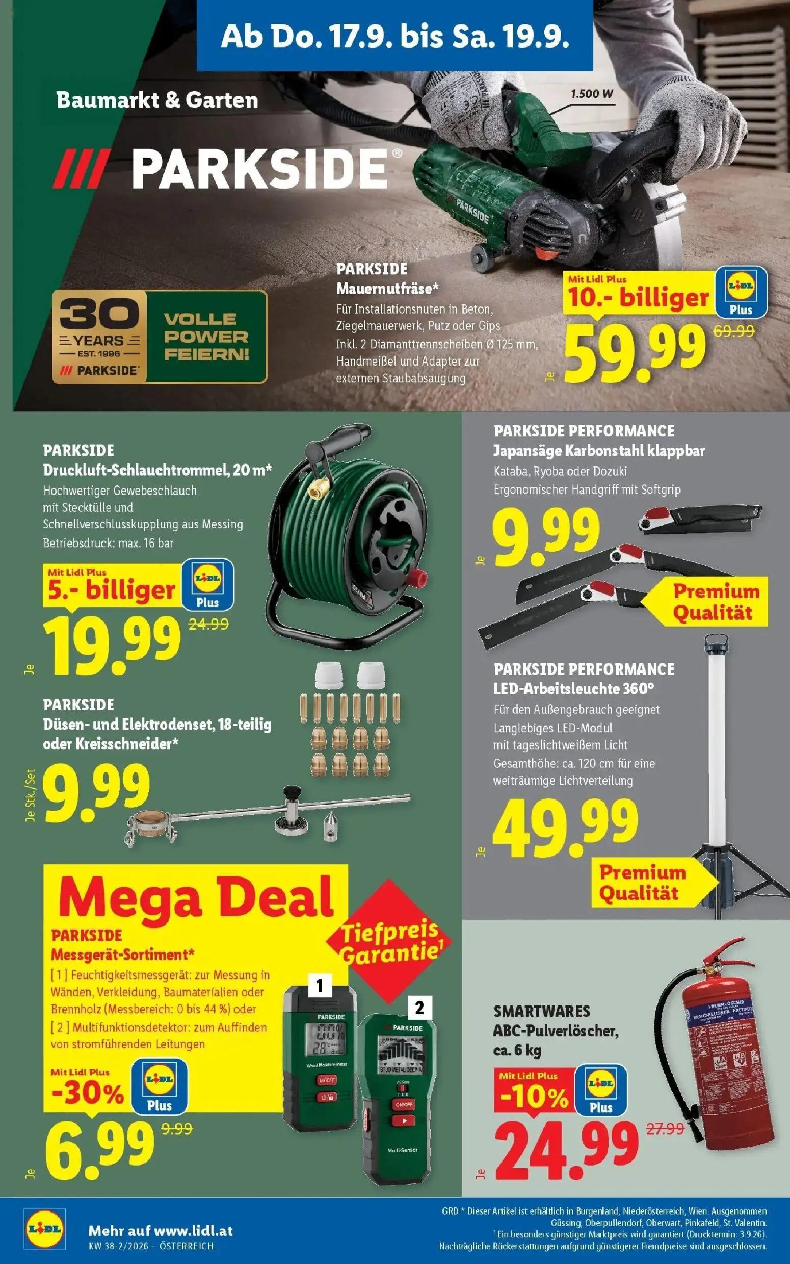Lidl Prospekt, Seite 24 von 54 — PARKSIDE Mauernutfräse*, PARKSIDE Druckluft-Schlauchtrommel, 20 m*, PARKSIDE Messgerät-Sort…