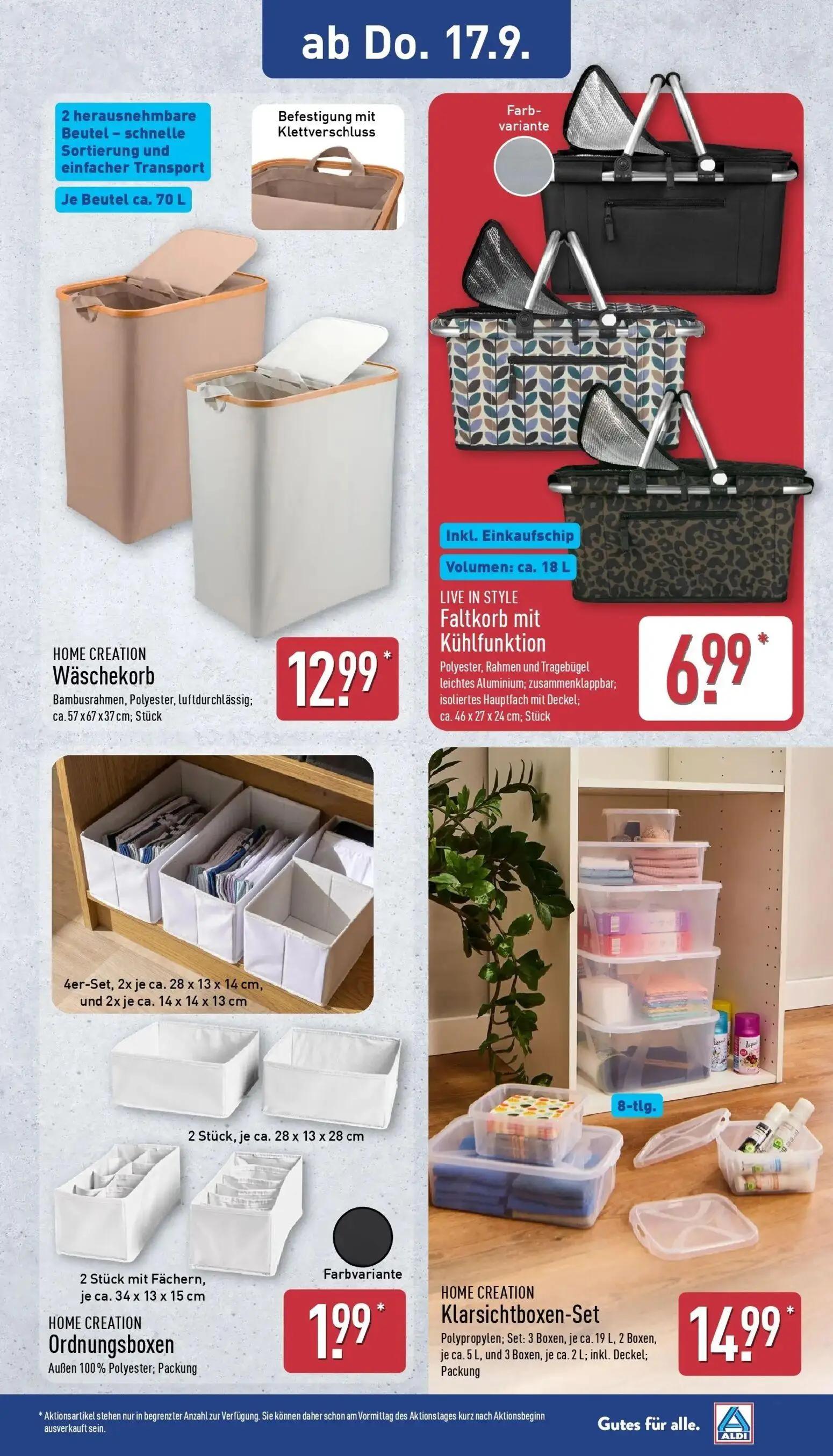 Aldi Nord Prospekt, Seite 23 von 45 — Wäschekorb, Faltkorb mit Kühlfunktion, Ordnungsboxen