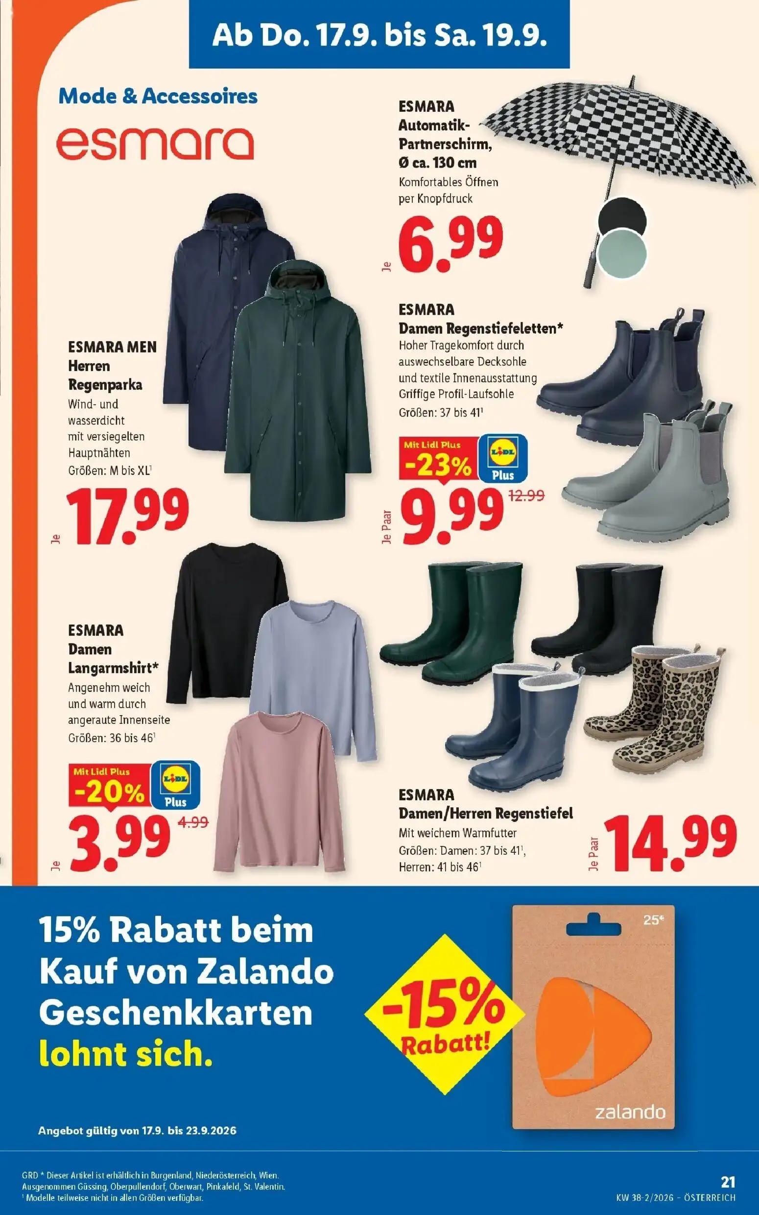 Lidl Prospekt, Seite 25 von 54 — ESMARA Damen Regenstiefeletten*, ESMARA Damen Langarmshirt*, ESMARA Automatik-Partnerschirm…