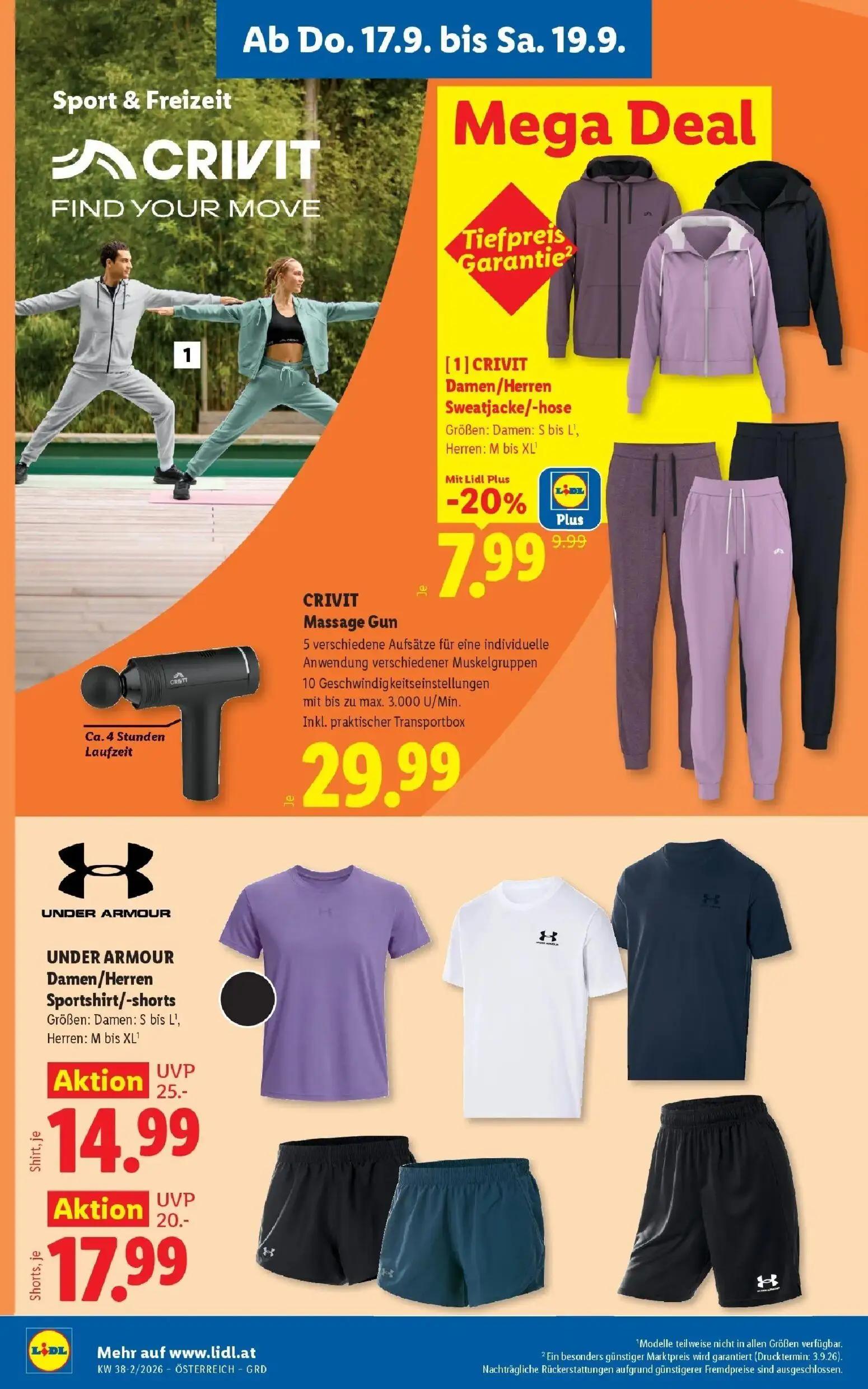 Lidl Prospekt, Seite 26 von 54 — UNDER ARMOUR Damen/Herren Sportshirt, UNDER ARMOUR Damen/Herren -shorts, CRIVIT Damen/Herre…