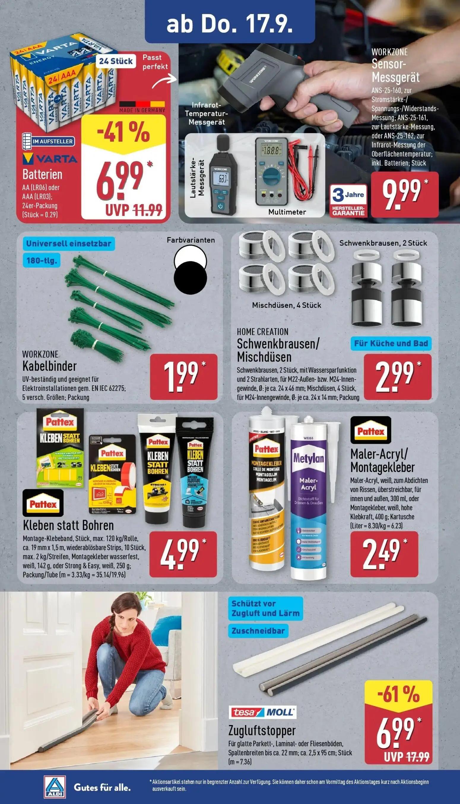 Aldi Nord Prospekt, Seite 26 von 45 — tesa MOLL Zugluftstopper, VARTA Batterien, WORKZONE Sensor-Messgerät