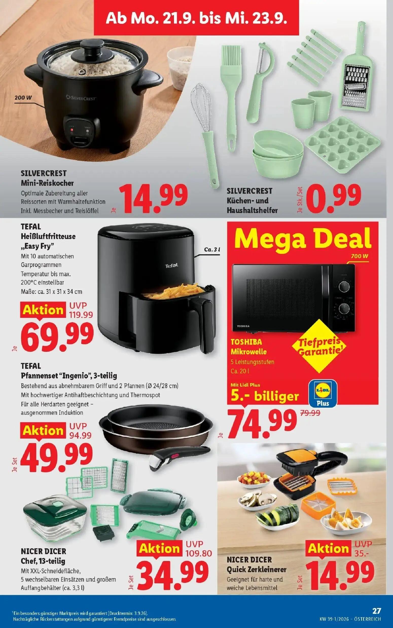 Lidl Prospekt, Seite 32 von 54 — NICER DICER Chef, 13-teilig, TEFAL Heißluftfritteuse „Easy Fry”, TEFAL Pfannenset "Ingenio"…