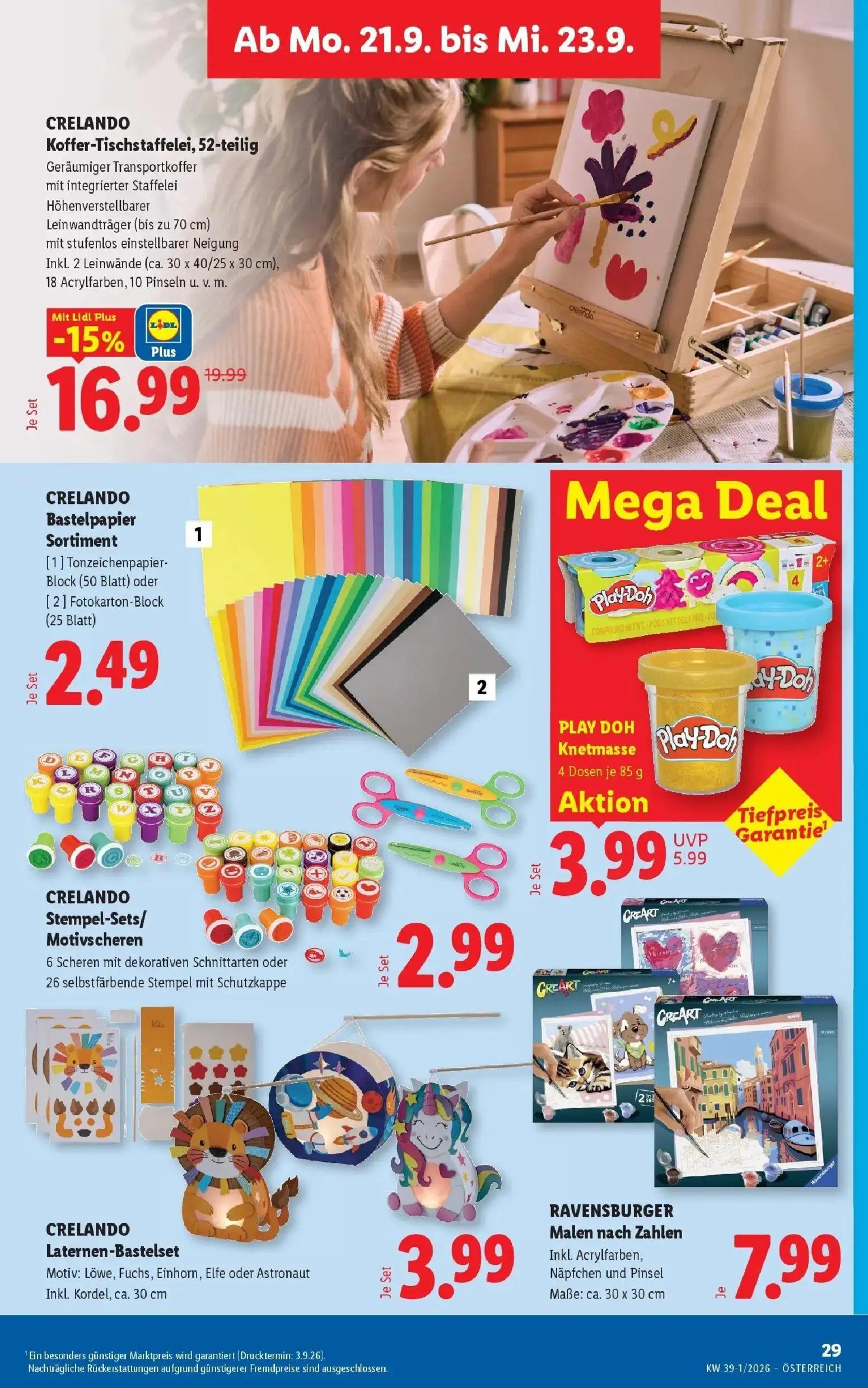 Lidl Prospekt, Seite 34 von 54 — Koffer-Tischstaffelei, 52-teilig, Knetmasse, Bastelpapier Sortiment