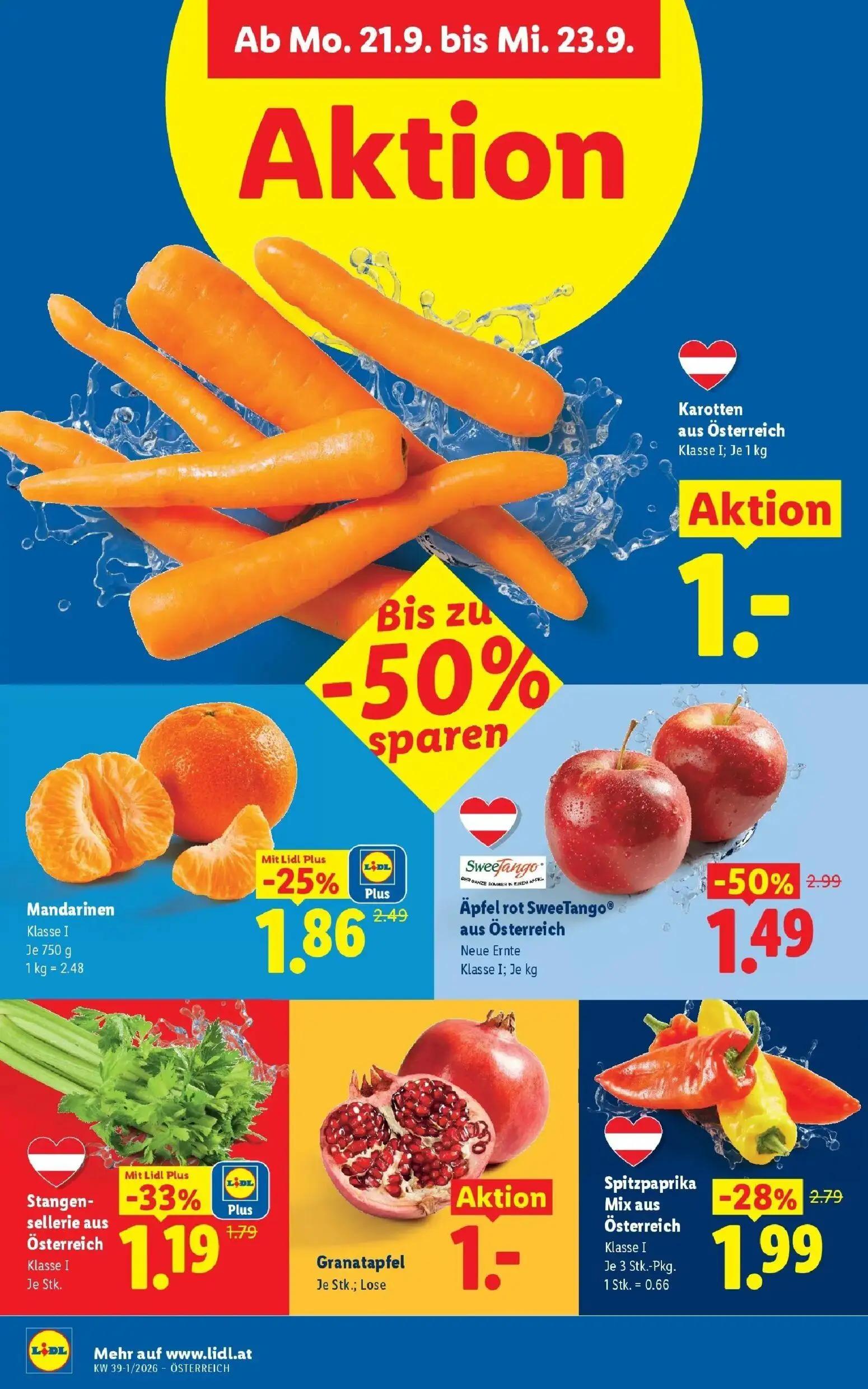 Lidl Prospekt, Seite 39 von 54 — Äpfel rot SweeTango® aus Österreich, Spitzpaprika Mix aus Österreich, Mandarinen