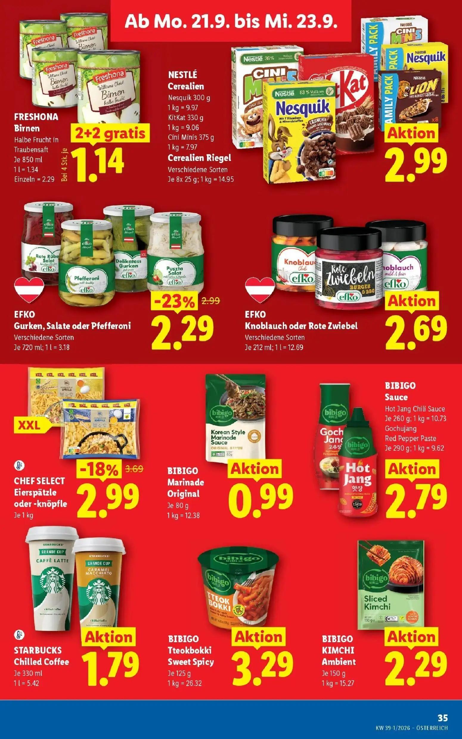 Lidl Prospekt, Seite 42 von 54 — FRESHONA Birnen Halbe Frucht in Traubensaft, EFKO Gurken, Salate oder Pfefferoni, CHEF SELE…