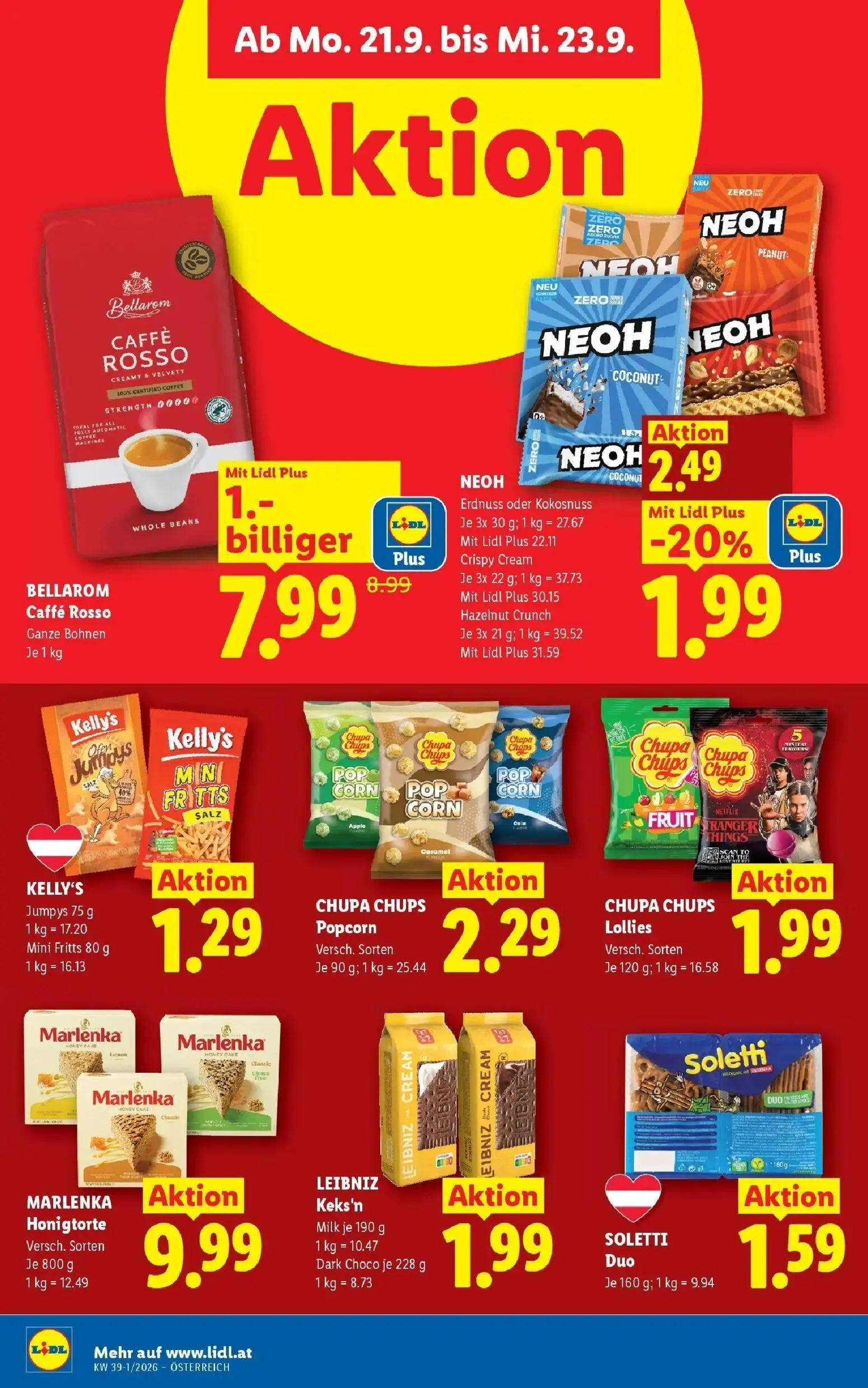 Lidl Prospekt, Seite 43 von 54 — BELLAROM Caffé Rosso Ganze Bohnen, NEOH Erdnuss oder Kokosnuss, KELLY'S Jumpys