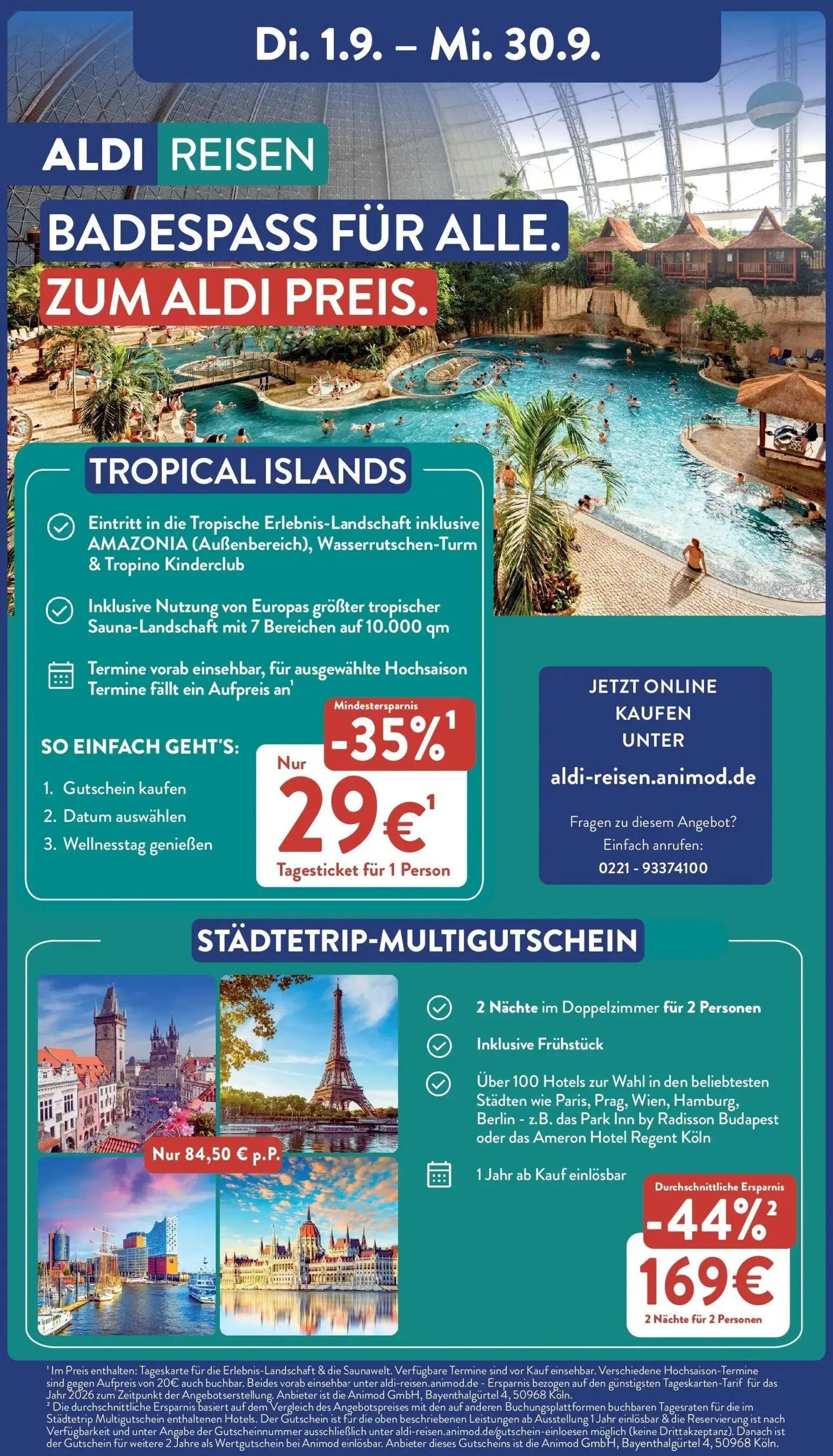 Aldi Nord Prospekt, Seite 43 von 45 — STÄDTETRIP-MULTIGUTSCHEIN, TROPICAL ISLANDS Tagesticket