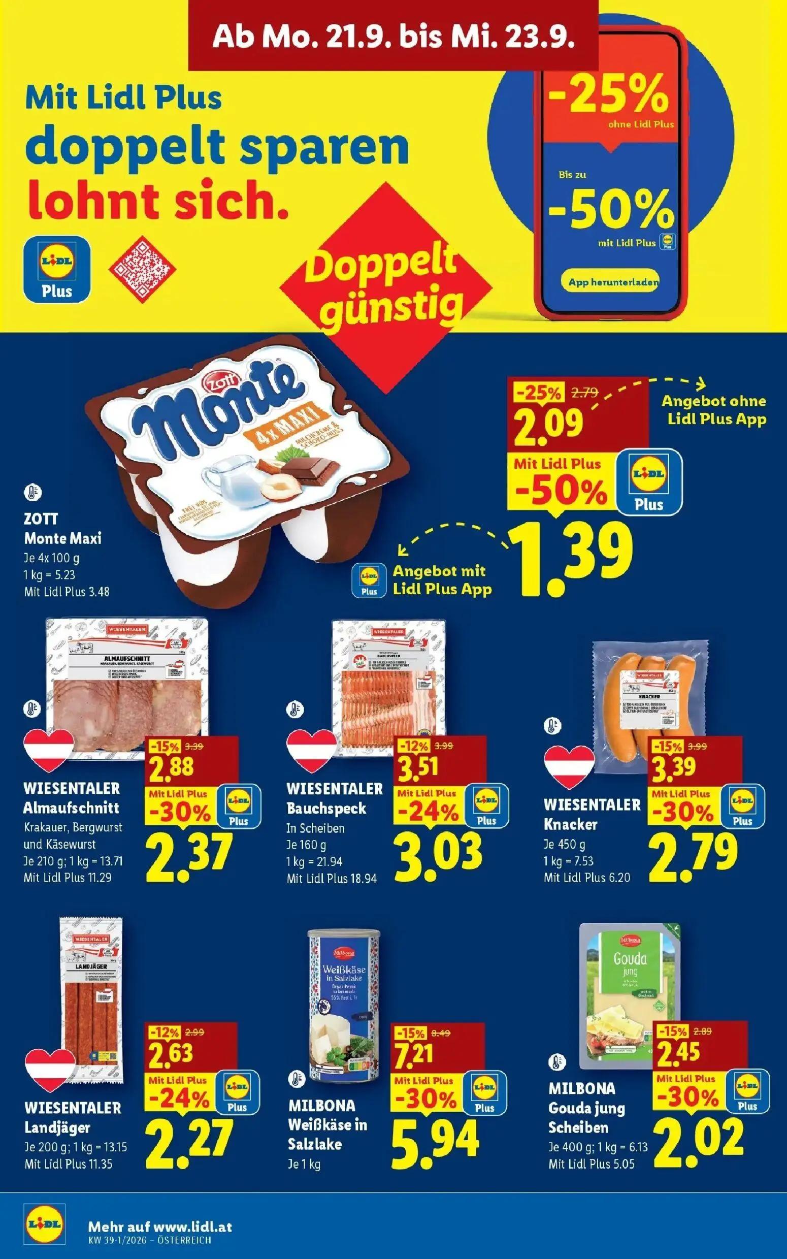 Lidl Prospekt, Seite 45 von 54 — MILBONA Weißkäse in Salzlake, ZOTT Monte Maxi, WIESENTALER Knacker