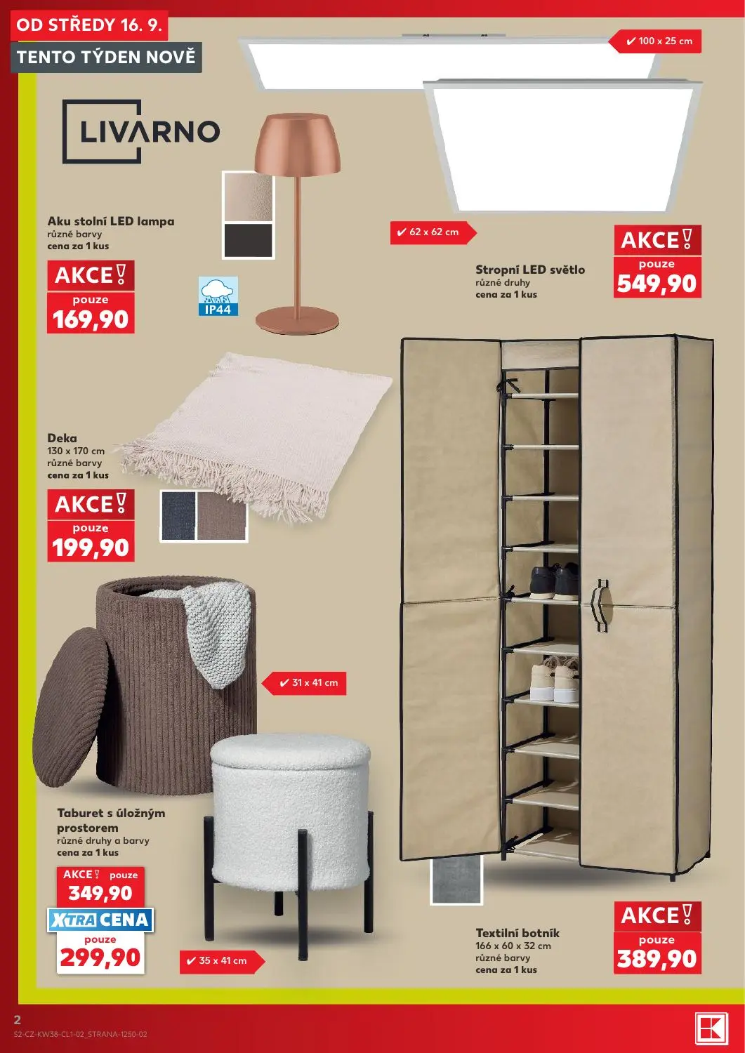 Kaufland leták, strana 2 z 18 — Taburet s úložným prostorem, Aku stolní LED lampa, Stropní LED světlo