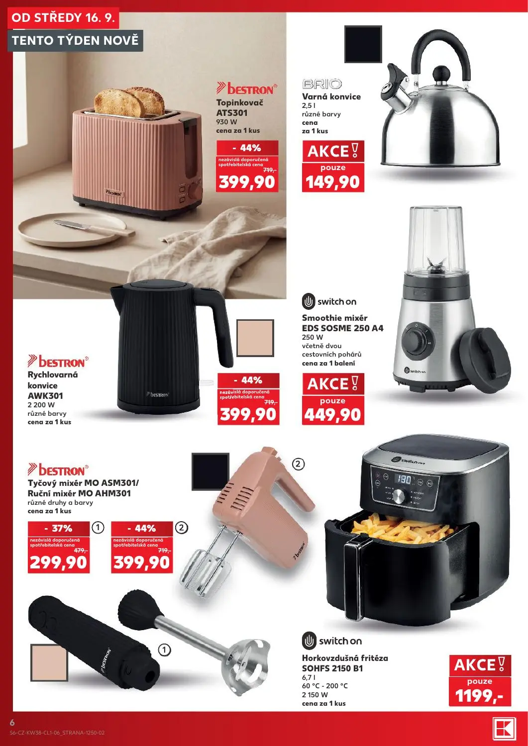 Kaufland leták, strana 6 z 18 — Topinkovač ATS301, Rychlovarná konvice AWK301, Ruční mixér MO AHM301