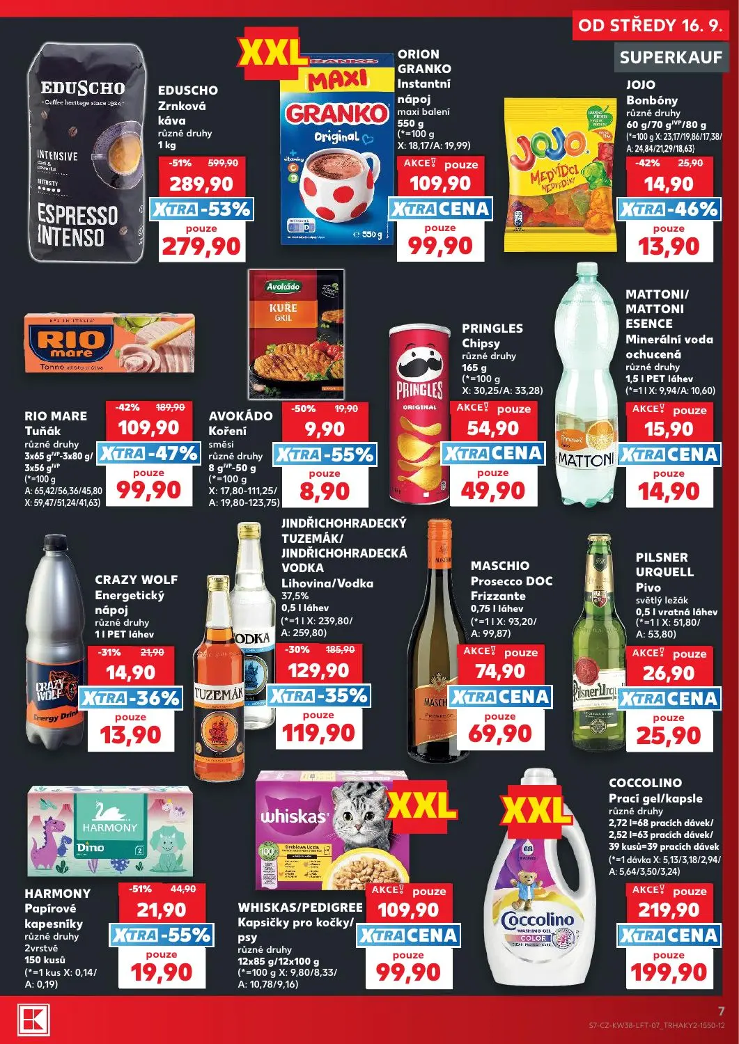 Kaufland leták, strana 7 z 56 — EDUSCHO Zrnková káva různé druhy, RIO MARE Tuňák různé druhy, JINDŘICHOHRADECKÝ TUZEMÁK/JIND…