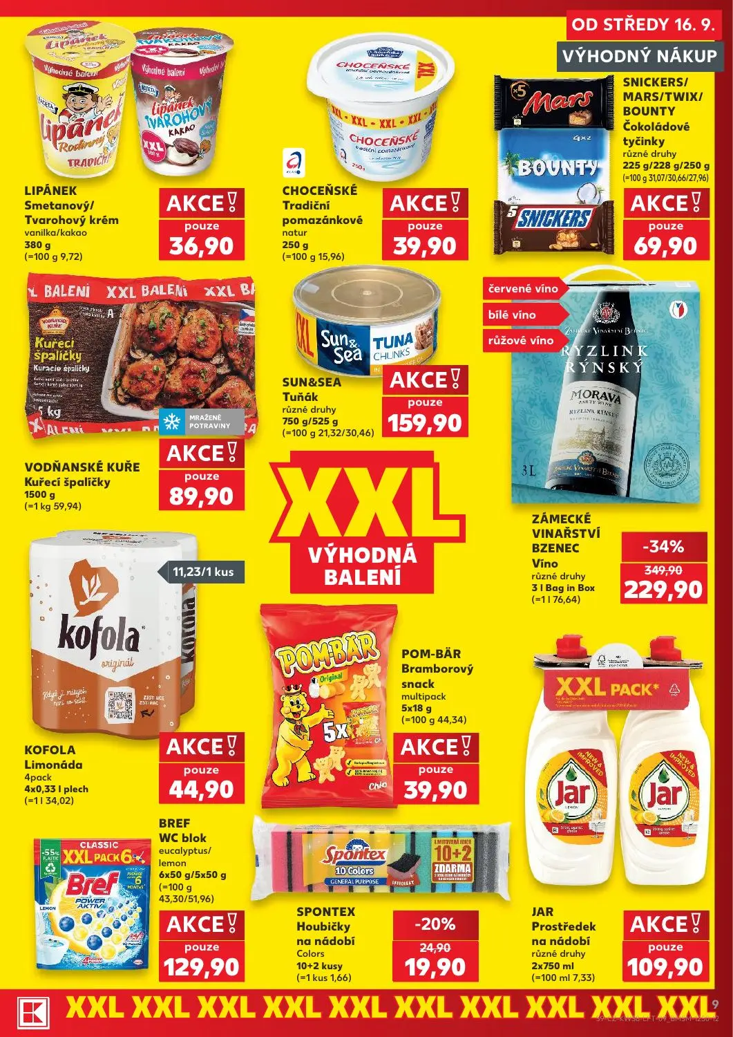 Kaufland leták, strana 9 z 56 — ZÁMECKÉ VINAŘSTVÍ BZENEC Víno, SPONTEX Houbičky na nádobí Colors, LIPÁNEK Smetanový/ Tvaroho…