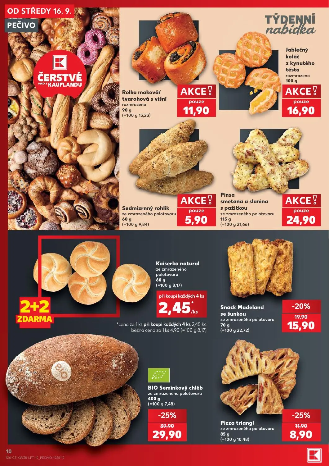 Kaufland leták, strana 10 z 56 — BIO Semínkový chléb, Snack Madeland se šunkou, Pizza triangl