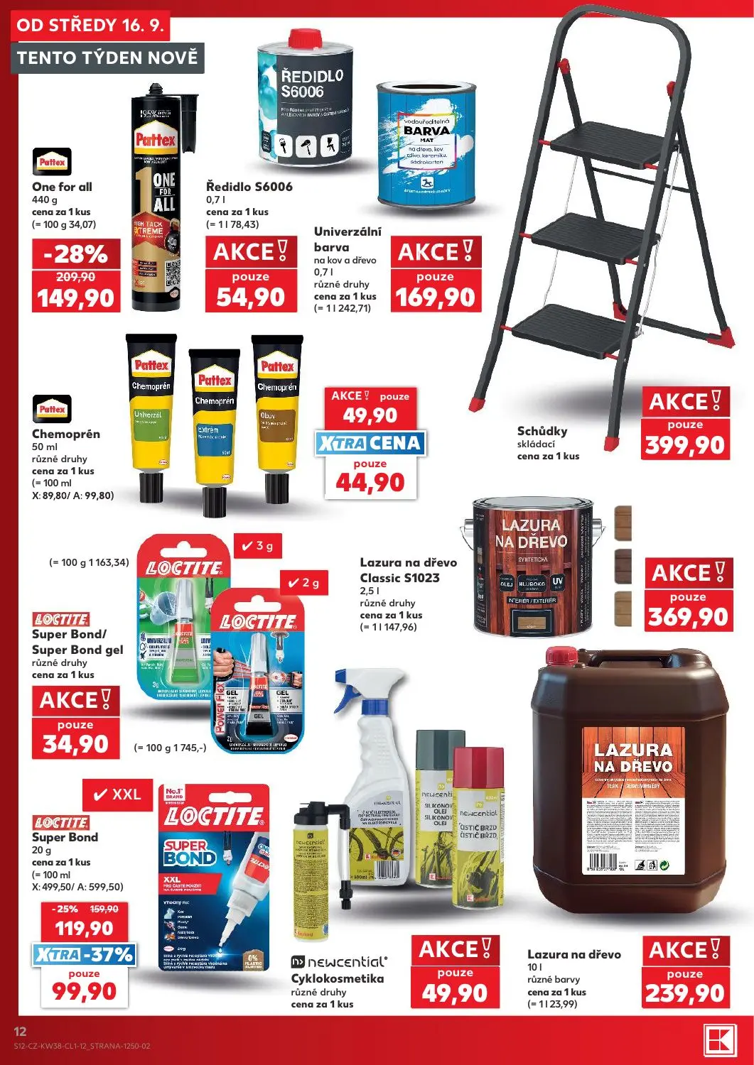 Kaufland leták, strana 12 z 18 — Pattex One for all, LOCTITE Super Bond, Pattex Chemoprén