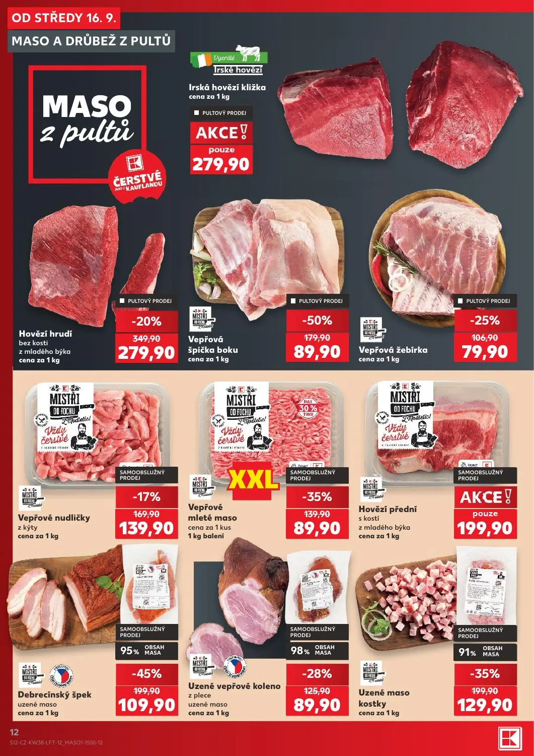 Kaufland leták, strana 12 z 56 — Vepřová špička boku, Debrecínský špek uzené maso, Hovězí hrudí bez kosti z mladého býka