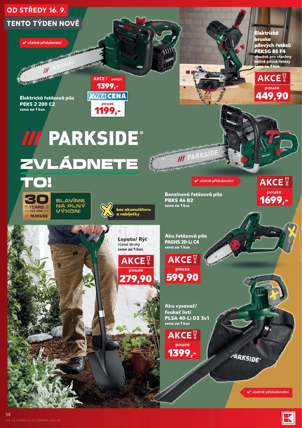 Kaufland leták, strana 14 z 18 — Elektrická řetězová pila PEKS 2 200 C2, Elektrická bruska pilových řetězů PEKSG 85 F4, Benz…
