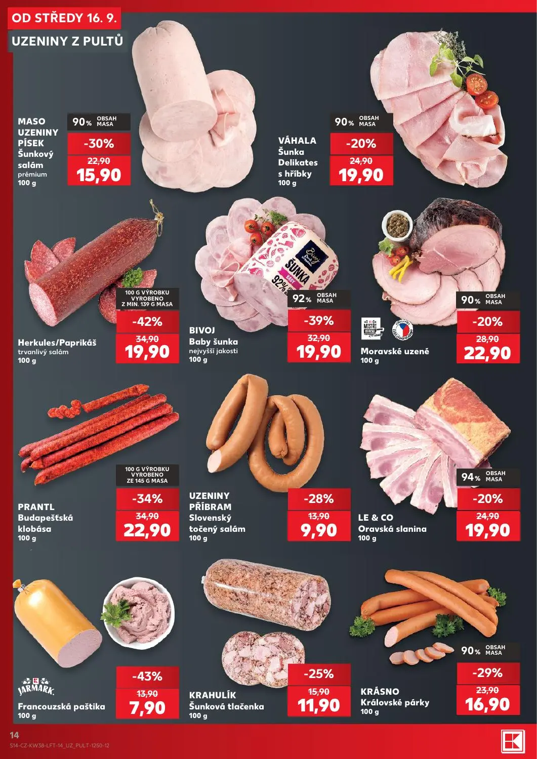 Kaufland leták, strana 14 z 56 — Herkules/Paprikáš trvanlivý salám, BIVOJ Baby šunka nejvyšší jakosti, PRANTL Budapešťská kl…
