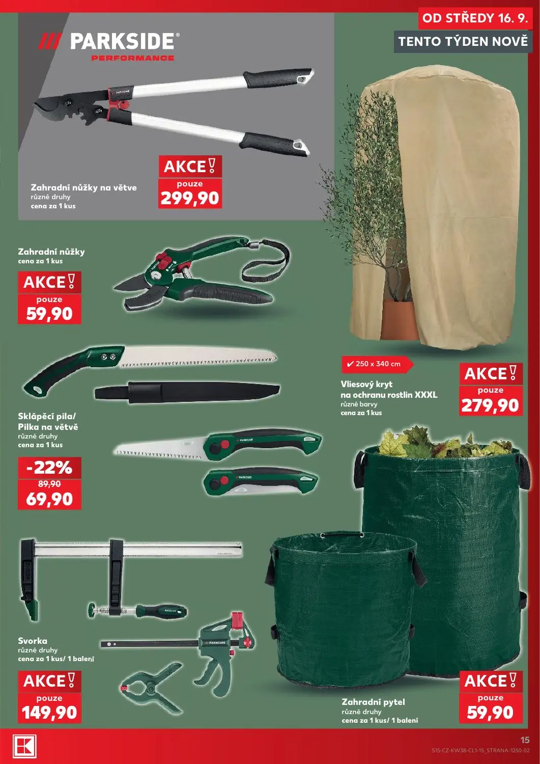 Kaufland leták, strana 15 z 18 — Sklápěcí pila/ Pilka na větvě, Zahradní nůžky na větve, Zahradní nůžky