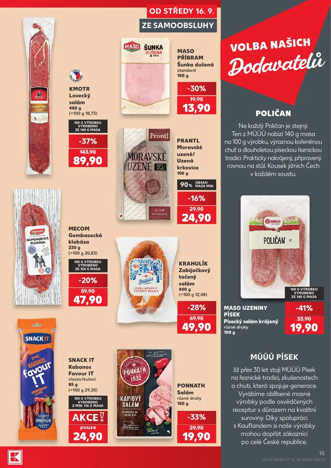 Kaufland leták, strana 15 z 56 — KMOTR Lovecký salám, KRAHULÍK Zabijačkový točený salám, MASO UZENINY PÍSEK Písecký salám kr…