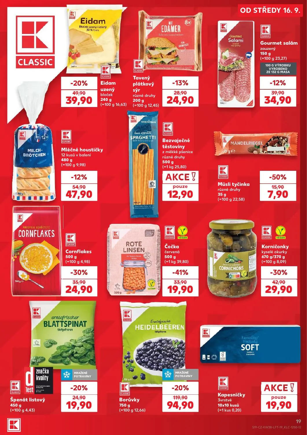 Kaufland leták, strana 19 z 56 — Borůvky, Čočka červená, Korničonky kyselé okurky