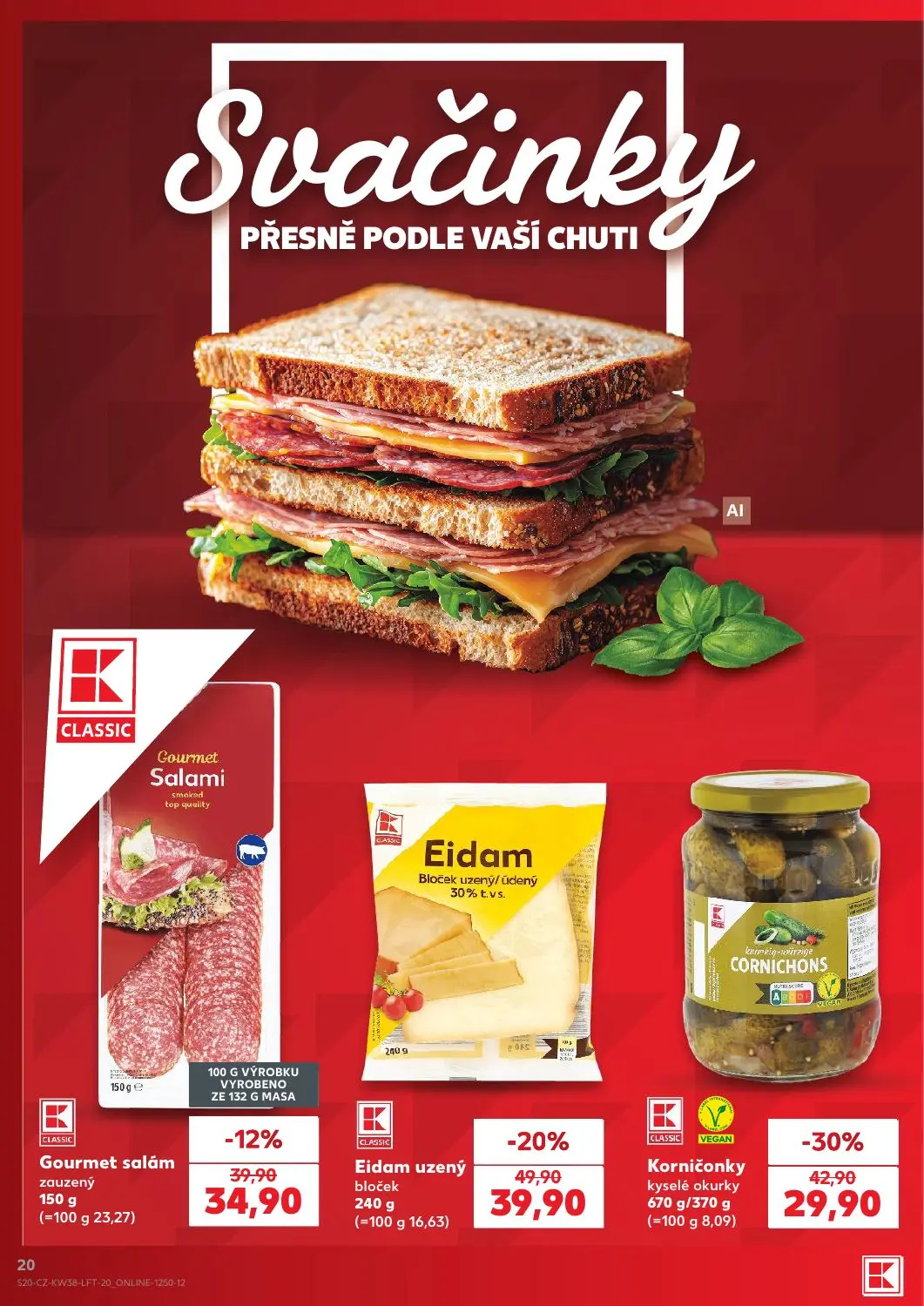 Kaufland leták, strana 20 z 56 — Korničonky kyselé okurky, Eidam uzený bloček, Gourmet salám zauzený