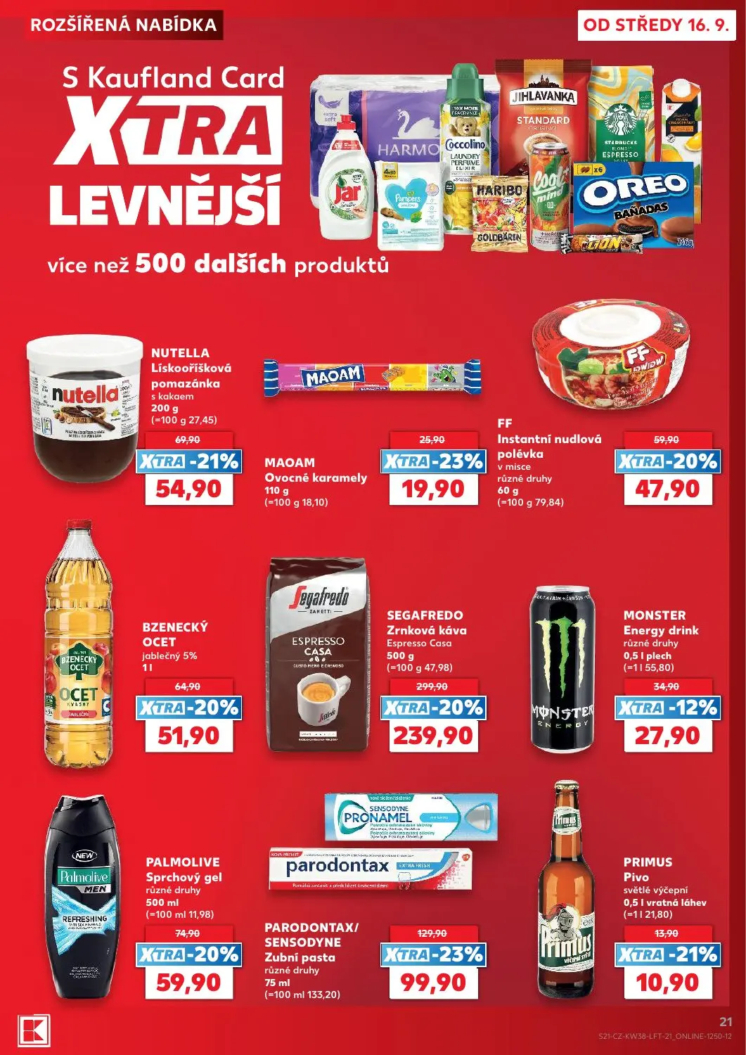 Kaufland leták, strana 21 z 56 — SEGAFREDO Zrnková káva Espresso Casa, PARODONTAX/SENSODYNE Zubní pasta různé druhy, NUTELLA…