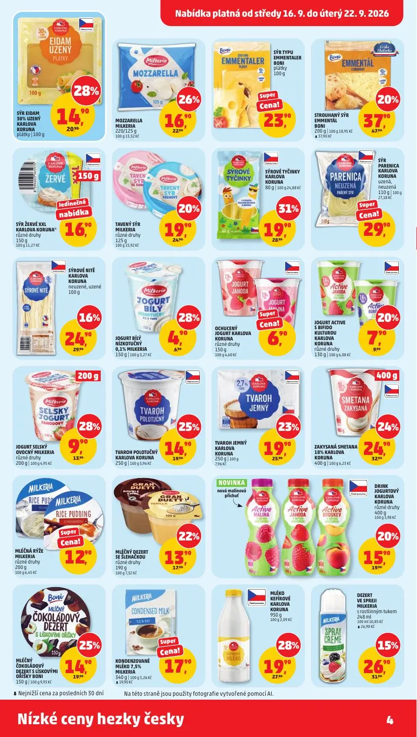 PENNY leták, strana 4 z 40 — STROUHANÝ SÝR EMMENTÁL BONI, SÝROVÉ TYČINKY KARLOVA KORUNA, ZAKYSANÁ SMETANA 18% KARLOVA KORUNA