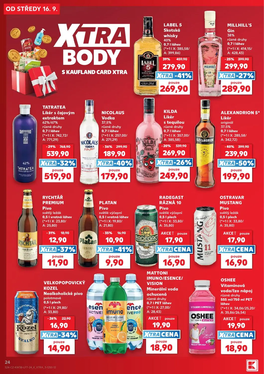 Kaufland leták, strana 24 z 56 — TATRATEA Likér s čajovým extraktem, ALEXANDRION 5* Likér originál, LABEL 5 Skotská whisky