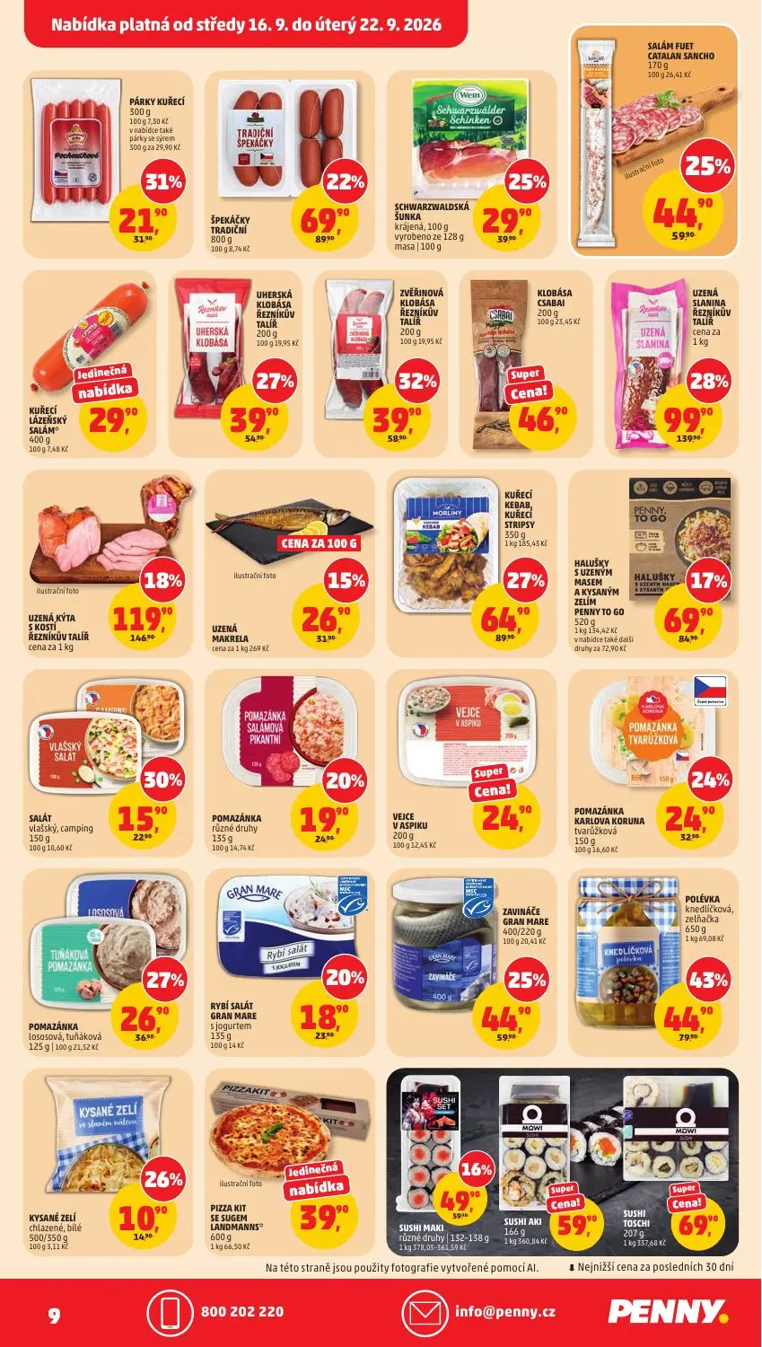 PENNY leták, strana 9 z 40 — POLÉVKA knedlíčková, zelňačka, UZENÁ KÝTA S KOSTÍ ŘEZNÍKŮV TALÍŘ, KUŘECÍ KEBAB KUŘECÍ STRIPSY