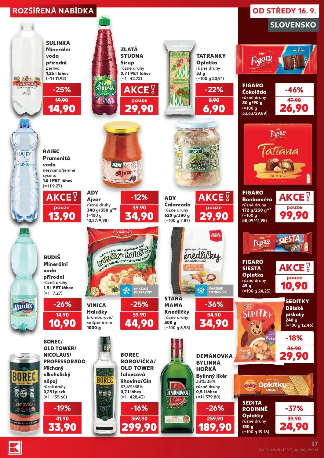 Kaufland leták, strana 27 z 56 — DEMÄNOVKA BYLINNÁ HOŘKÁ Bylinný likér, BOREC BOROVIČKA/ OLD TOWER Jalovcová lihovina/Gin, F…