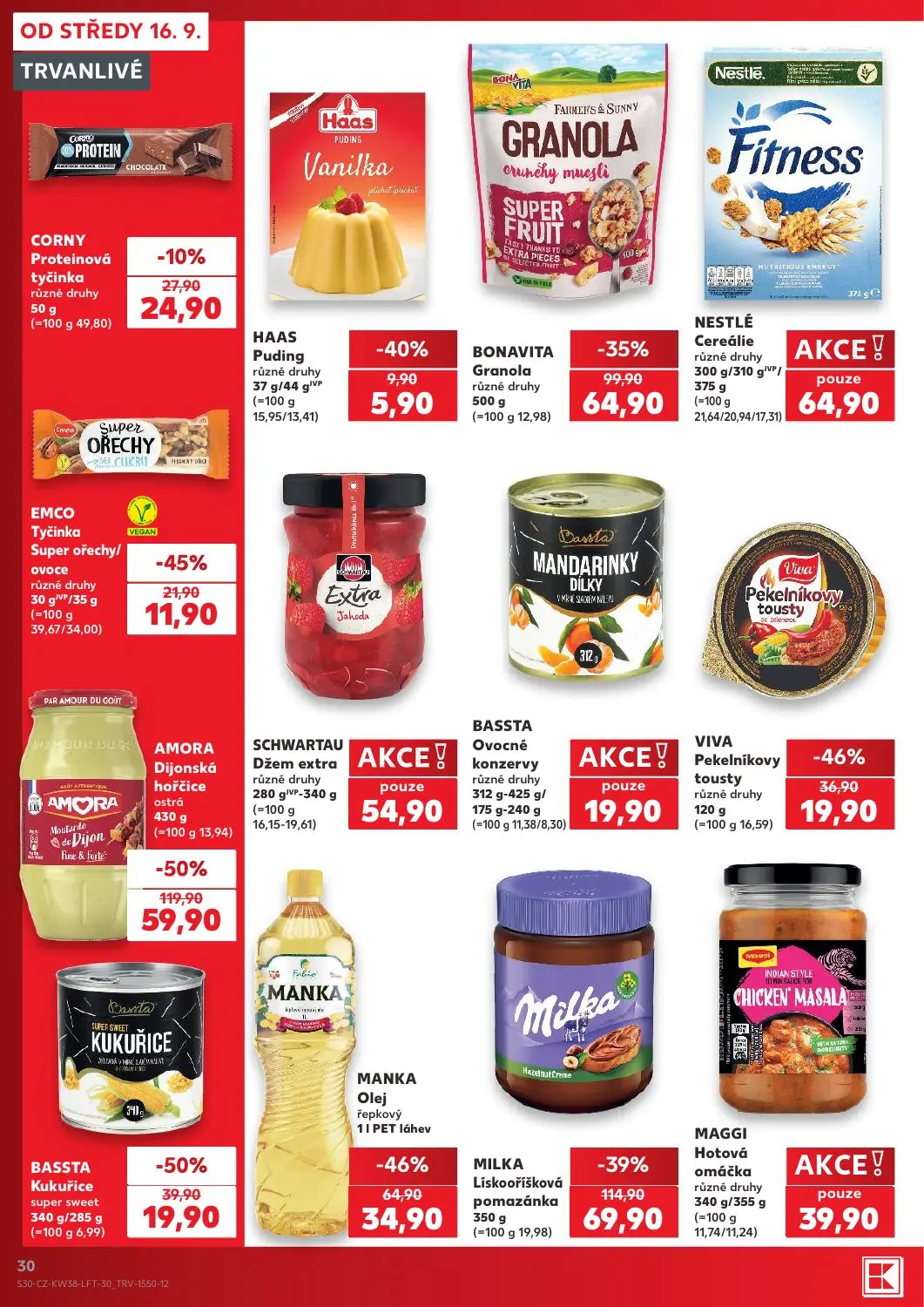Kaufland leták, strana 30 z 56 — AMORA Dijonská hořčice ostrá, MILKA Lískooříšková pomazánka, BONAVITA Granola crunchy muesl…