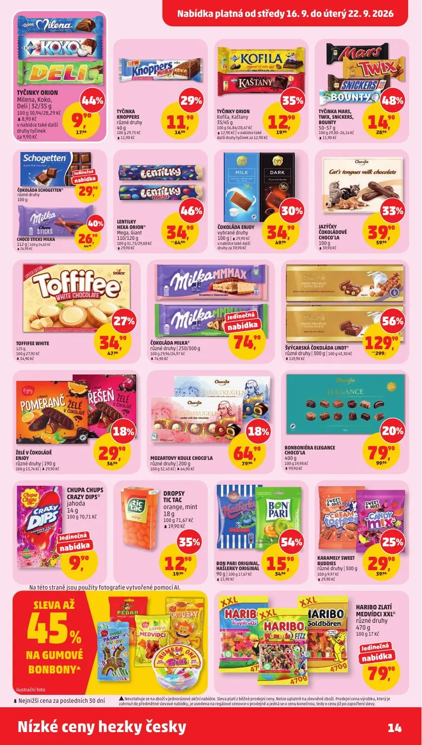 PENNY leták, strana 14 z 40 — ŠVÝCARSKÁ ČOKOLÁDA LINDT, LENTILKY HEXA ORION Mega, Giant, JAZYČKY ČOKOLÁDOVÉ CHOCO'LA