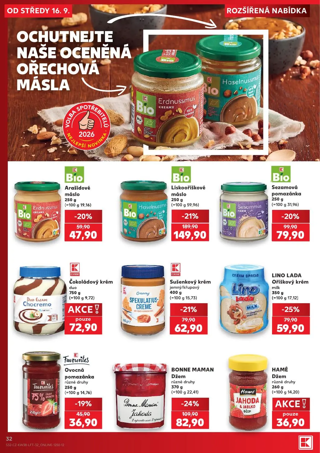 Kaufland leták, strana 32 z 56 — Lískooříškové máslo, BONNE MAMAN Džem různé druhy, Sezamová pomazánka