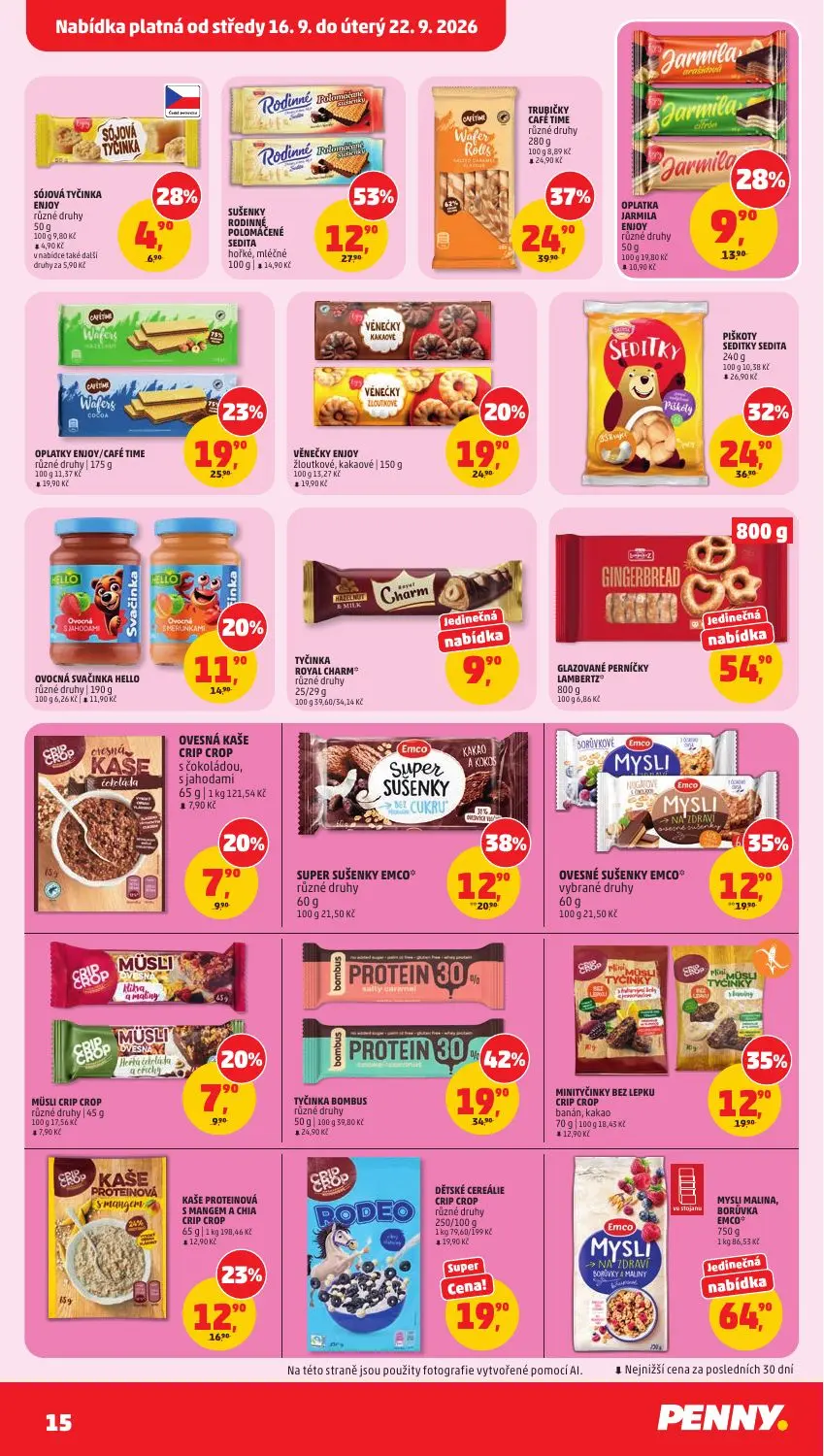 PENNY leták, strana 15 z 40 — SUŠENKY RODINNÉ POLOMÁČENÉ SEDITA hořké, mléčné, TRUBIČKY CAFÉ TIME různé druhy, TYČINKA BOMBU…