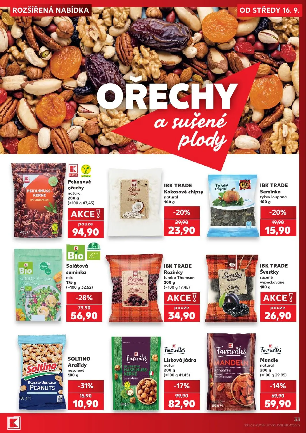 Kaufland leták, strana 33 z 56 — Bio Salátová semínka, Favourites Lísková jádra, Favourites Mandle