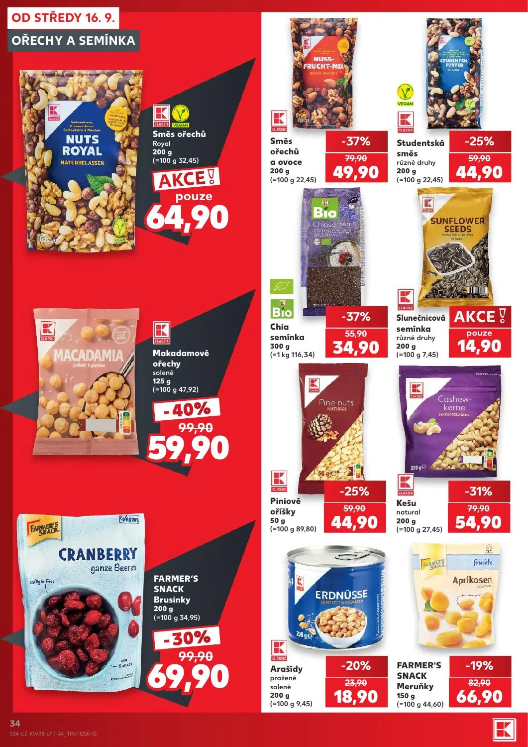 Kaufland leták, strana 34 z 56 — Makadamové ořechy solené, Směs ořechů a ovoce, FARMER'S SNACK Brusinky
