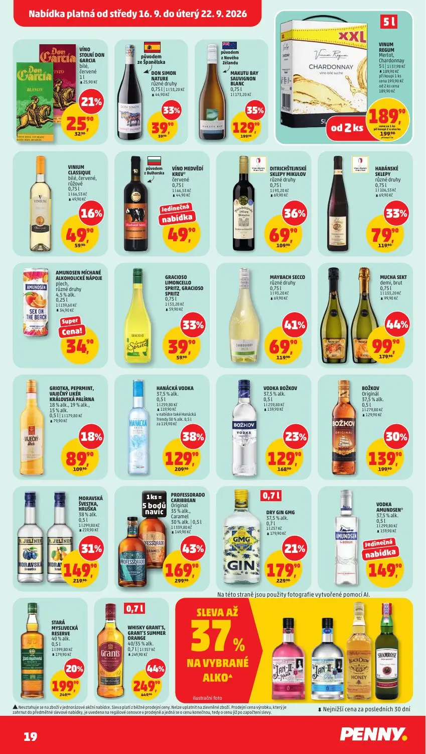 PENNY leták, strana 19 z 40 — WHISKY GRANT'S, GRANT'S SUMMER ORANGE 40/35% alk., PROFESSORADO CARIBBEAN Original 35% alk., C…