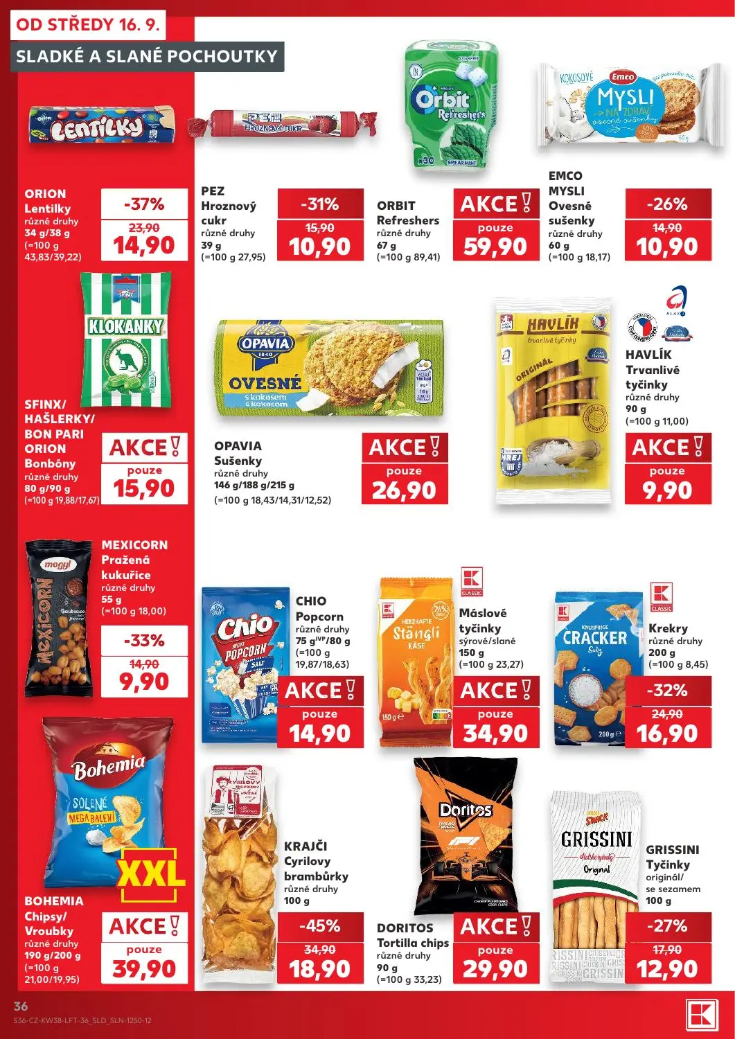Kaufland leták, strana 36 z 56 — KRAJČI Cyrilovy brambůrky, ORION Lentilky, Krekry