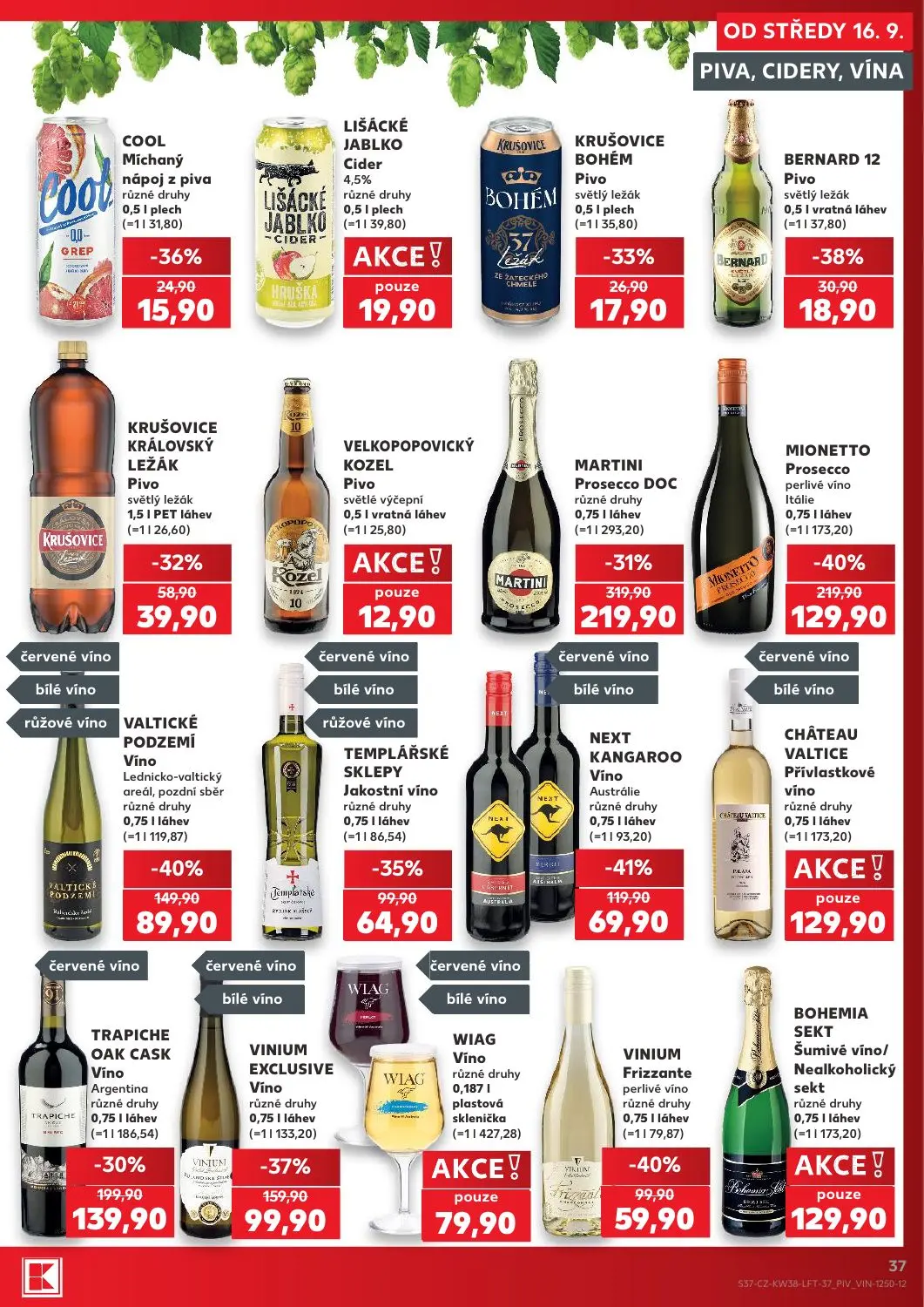 Kaufland leták, strana 37 z 56 — MARTINI Prosecco DOC, MIONETTO Prosecco perlivé víno Itálie, VALTICKÉ PODZEMÍ Víno Lednicko…