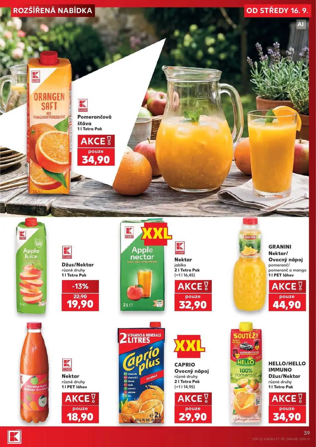 Kaufland leták, strana 39 z 56 — Džus/Nektar různé druhy, Pomerančová šťáva, Nektar jablko