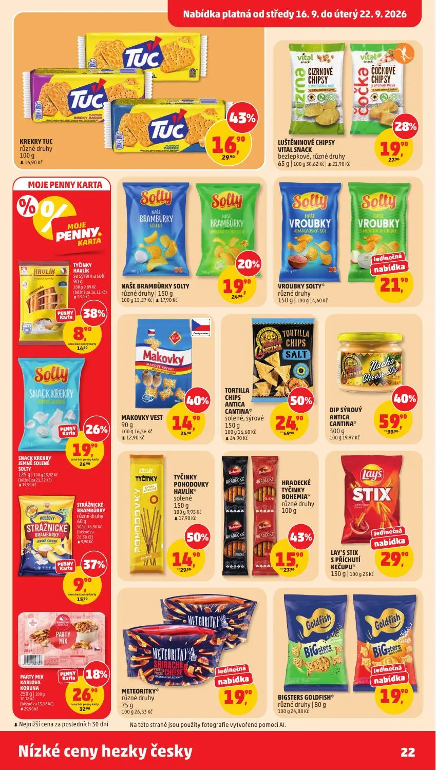 PENNY leták, strana 22 z 40 — DIP SÝROVÝ ANTICA CANTINA, TORTILLA CHIPS ANTICA CANTINA, TYČINKY POHODOVKY HAVLÍK