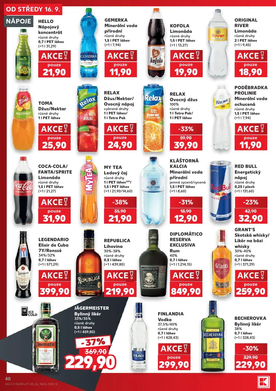 Kaufland leták, strana 40 z 56 — JÄGERMEISTER Bylinný likér, BECHEROVKA Bylinný likér, RELAX Ovocný džus