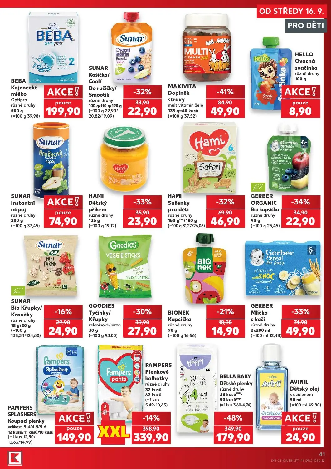 Kaufland leták, strana 41 z 56 — BELLA BABY Dětské plenky, PAMPERS Plenkové kalhotky, MAXIVITA Doplněk stravy multivitamin ž…