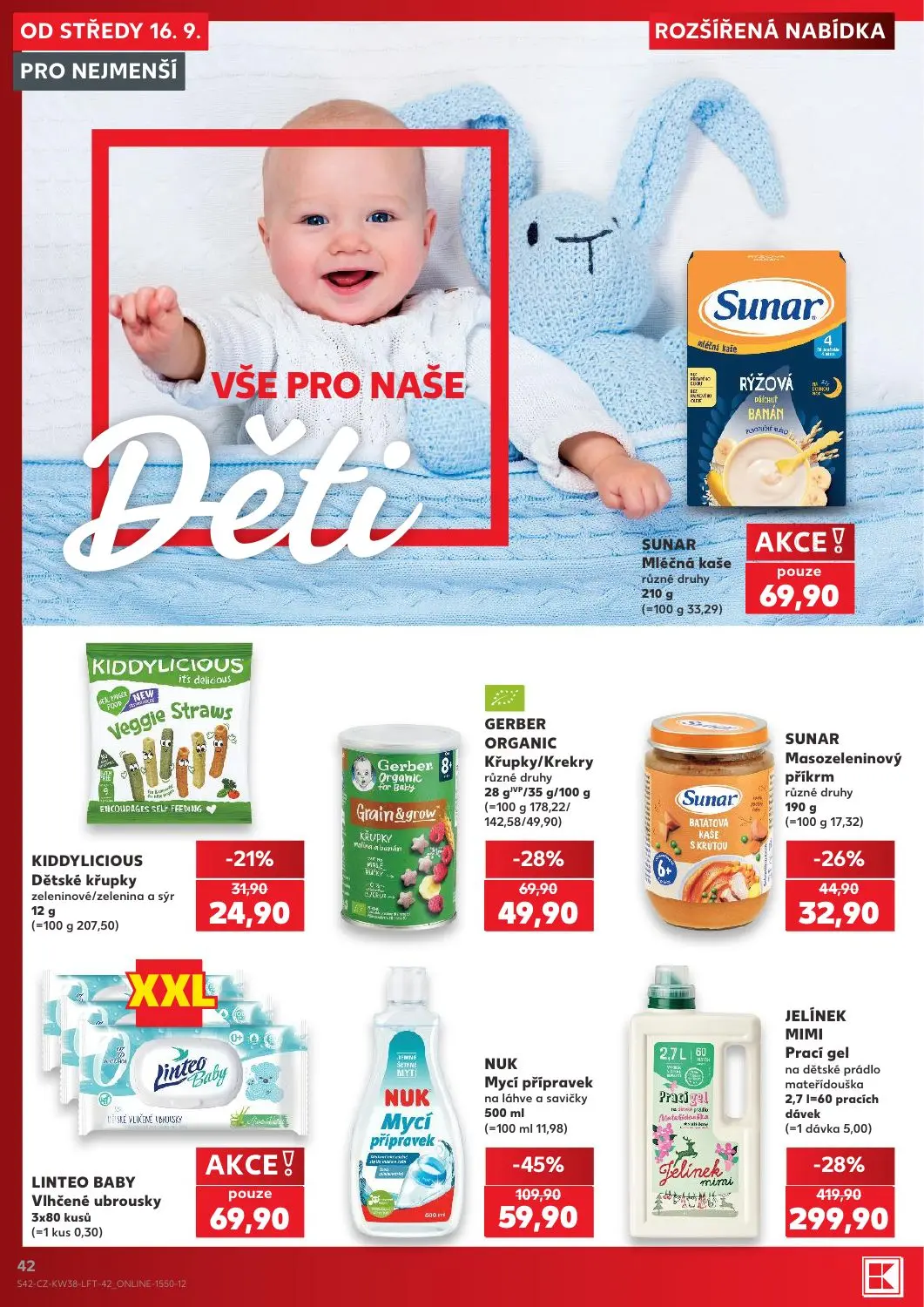 Kaufland leták, strana 42 z 56 — JELÍNEK MIMI Prací gel na dětské prádlo mateřídouška, NUK Mycí přípravek na láhve a savičky…