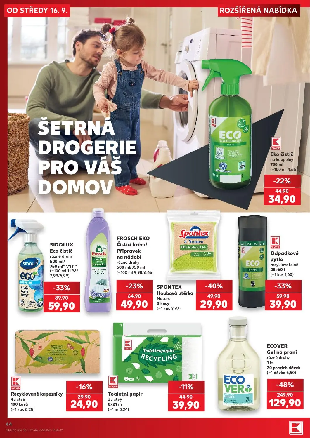 Kaufland leták, strana 44 z 56 — ECOVER Gel na praní různé druhy, SIDOLUX Eco čistič různé druhy, SPONTEX Houbová utěrka Nat…