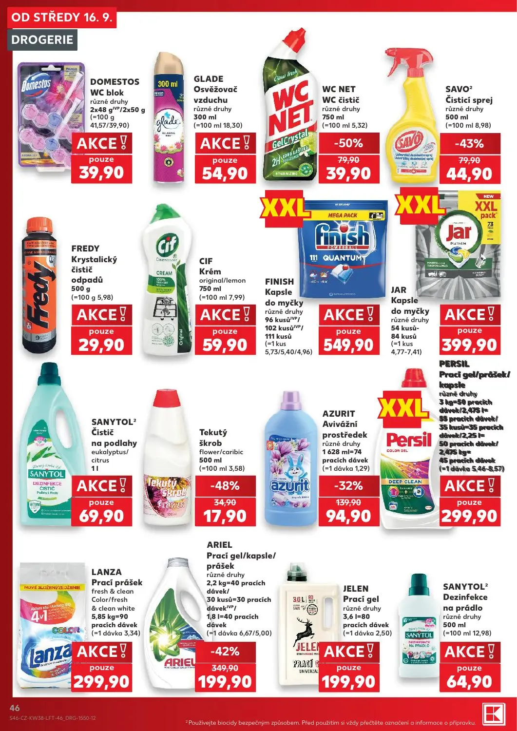 Kaufland leták, strana 46 z 56 — ARIEL Prací gel/kapsle/prášek, AZURIT Avivážní prostředek, WC NET WC čistič
