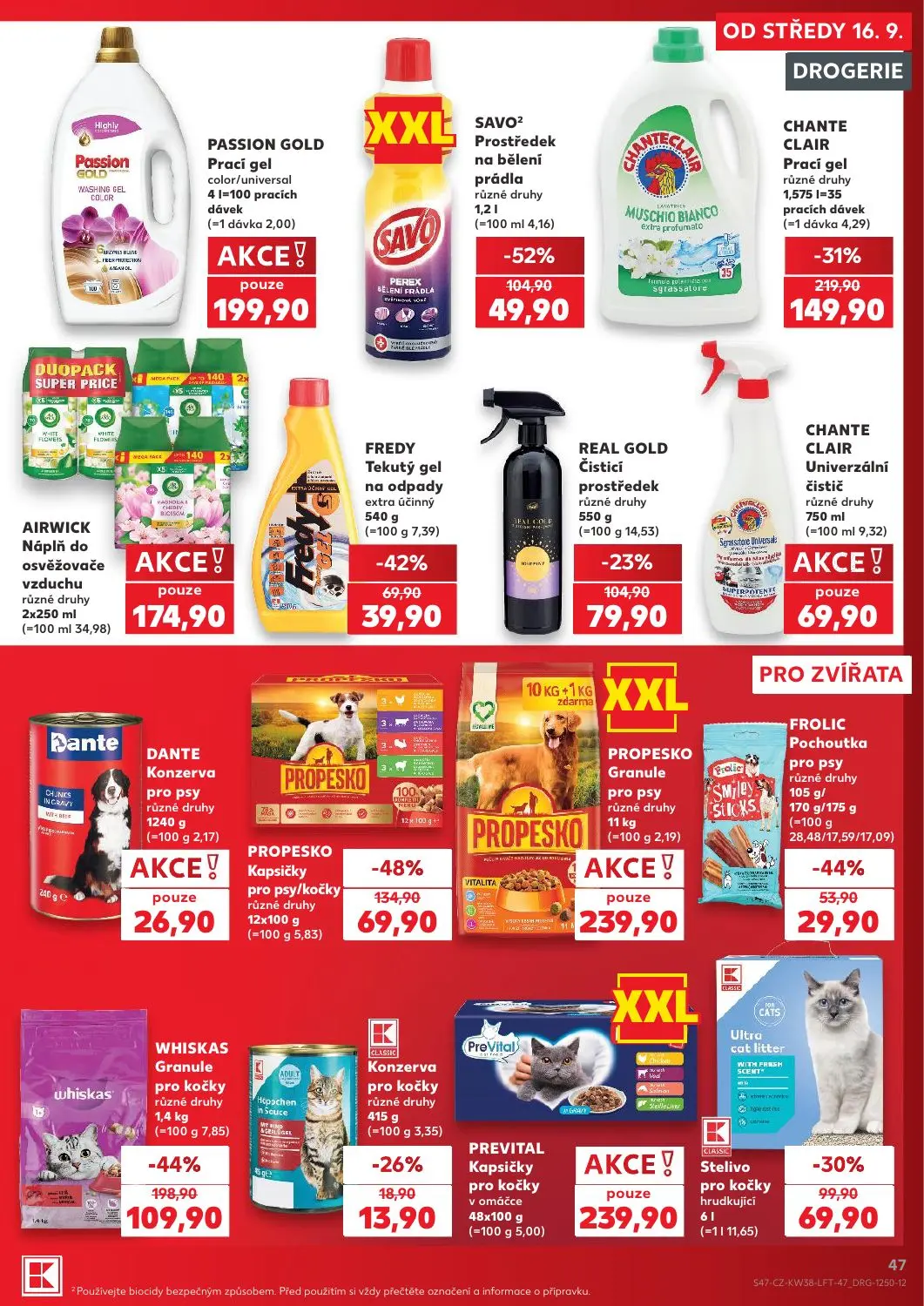 Kaufland leták, strana 47 z 56 — WHISKAS Granule pro kočky, CHANTE CLAIR Prací gel, PROPESKO Kapsičky pro psy/kočky