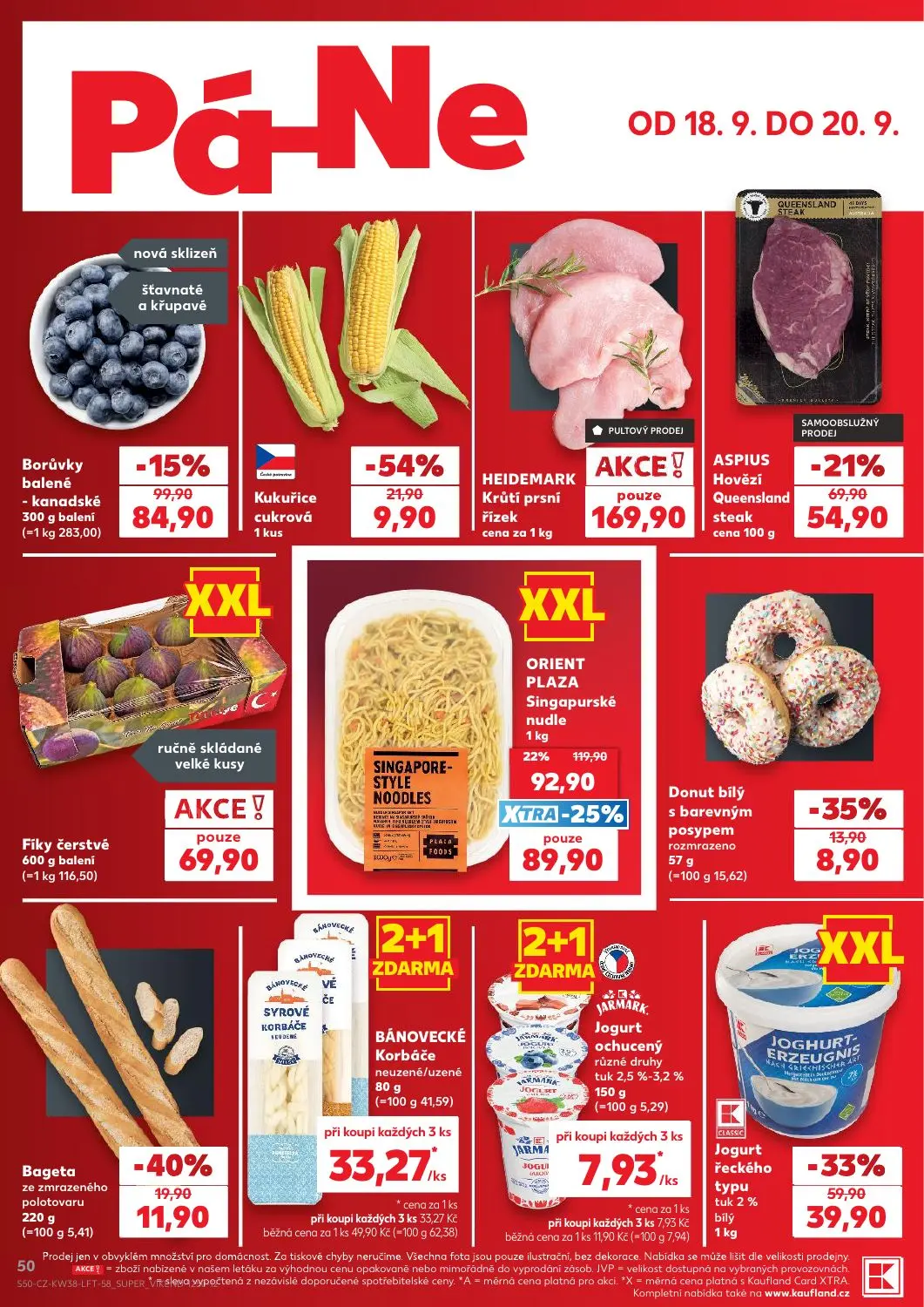 Kaufland leták, strana 50 z 56 — ORIENT PLAZA Singapurské nudle, JOGHURT ERZEUGNIS Jogurt řeckého typu tuk 2% bílý, Borůvky …