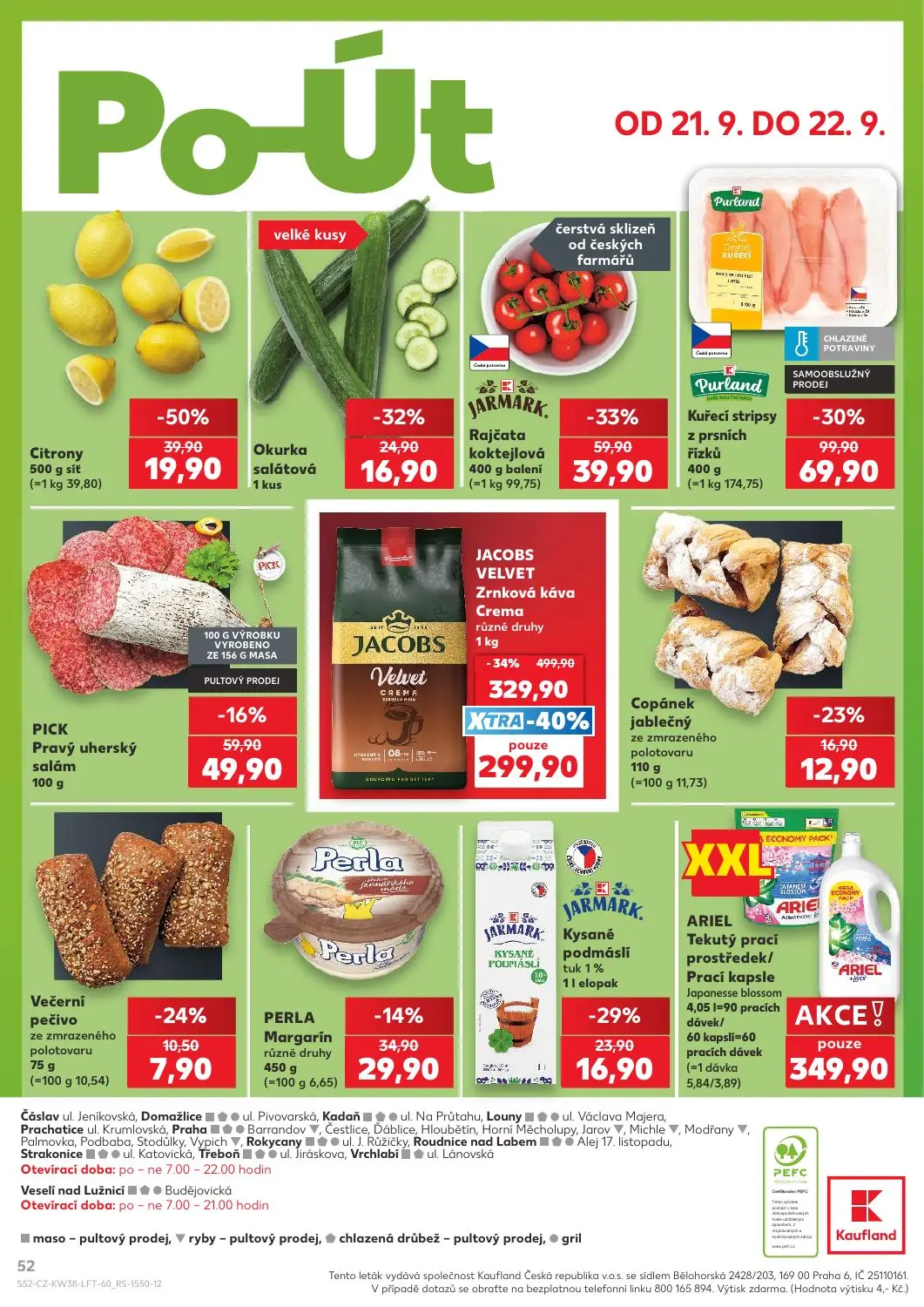 Kaufland leták, strana 52 z 56 — JACOBS VELVET Zrnková káva Crema, Kuřecí stripsy z prsních řízků, Citrony