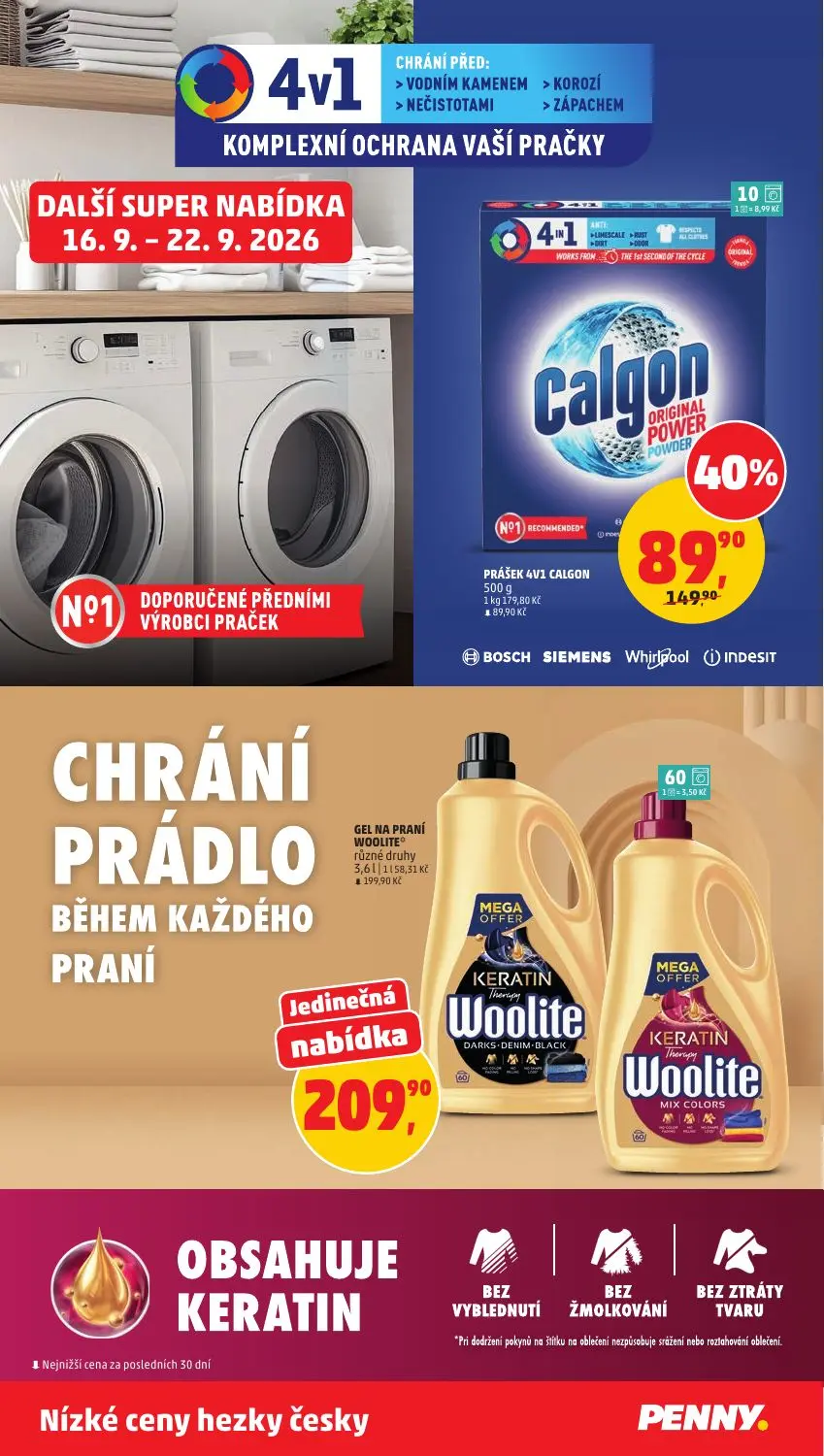 PENNY leták, strana 38 z 40 — PRÁŠEK 4V1 CALGON, GEL NA PRANÍ WOOLITE různé druhy